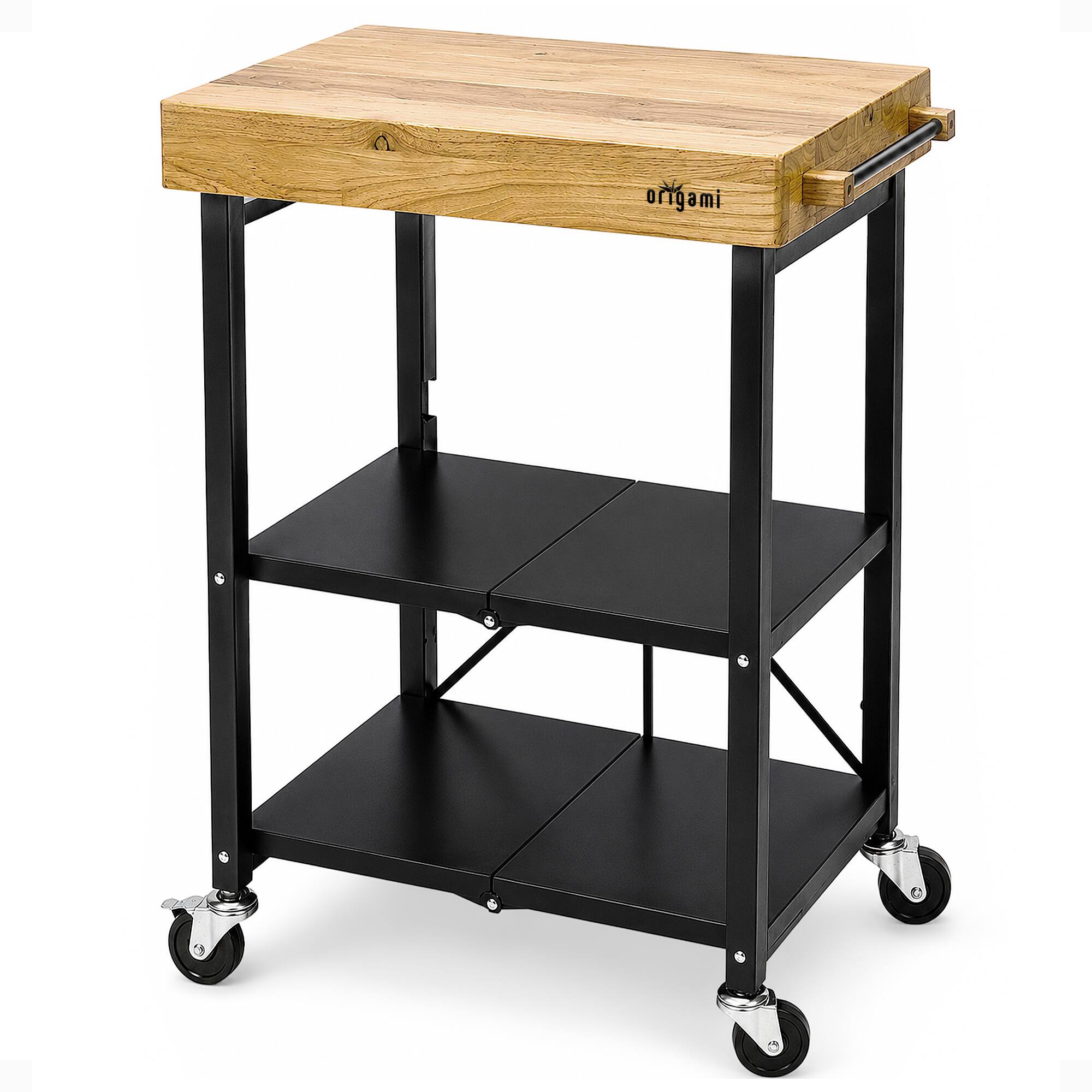 Front. Origami - Origami Foldable Wheeled Portable Solid Wood Top Kitchen Island Bar Cart, Black - Black.