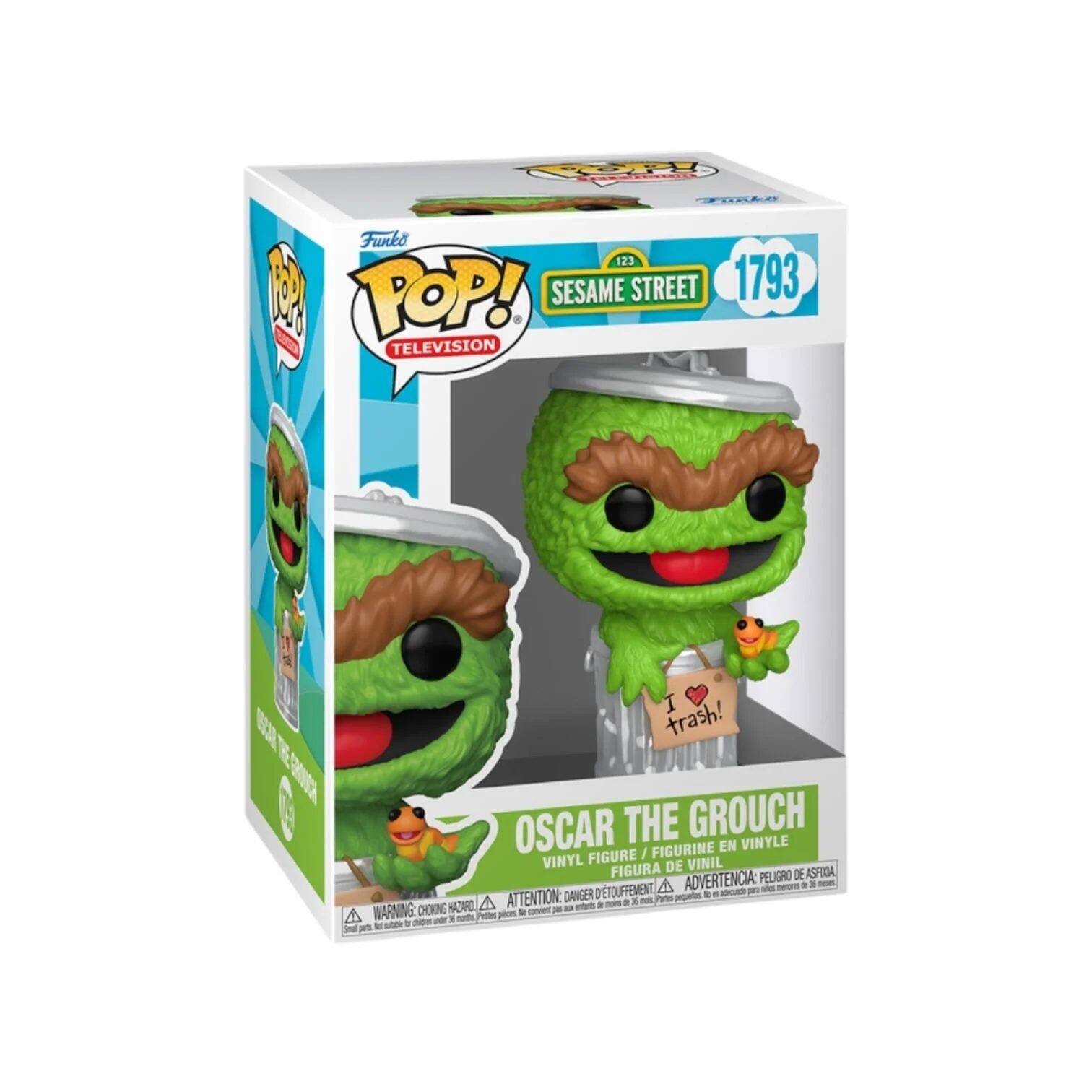 Sure, here is the corrected and grouped text from the image:

---

**Funko POP! TELEVISION**

**SESAME STREET 1793**

**OSCAR THE GROUCH**

**VINYL FIGURE / FIGURINE EN VINYLE / FIGURA DE VINIL**

**WARNING: CHOKING HAZARD - Small parts. Not for children under 3 years.**

**ADVERTENCIA: PEQUEÑOS PIEZAS. NO ES APTO PARA MENORES DE 3 AÑOS.**

**Peligro de asfixiación.**

**ATTENTION: RISQUE DE SOUFFLEMENT.**

**I ❤️ trash!**

---
