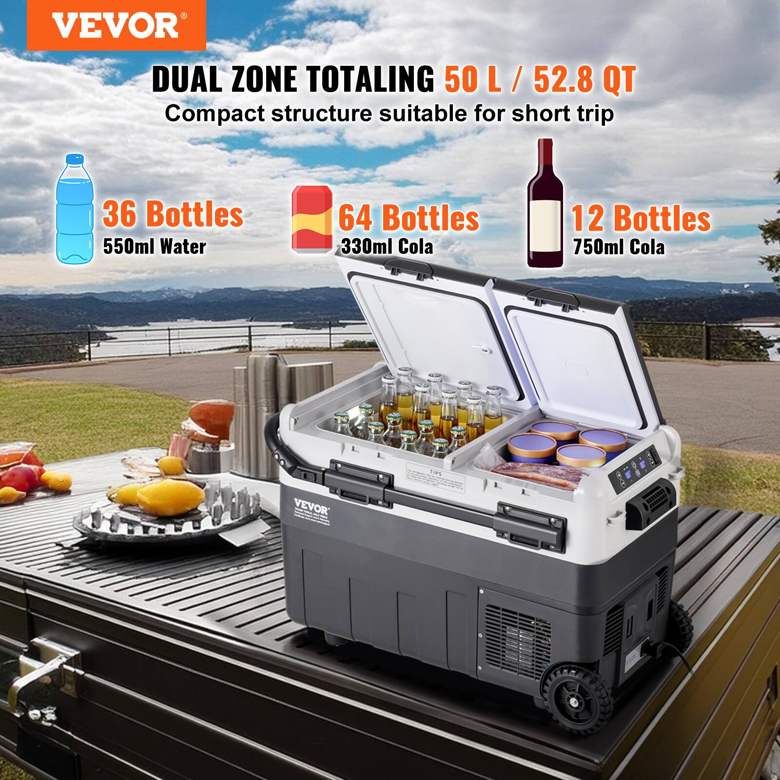 VEVOR DUAL ZONE TOTALING 50 L / 52.8 QT Compact structure suitable for short trip
36 Bottles 550ml Water
64 Bottles 330ml Cola
12 Bottles 750ml Cola
TIPS VEVOR 1 FARFERR