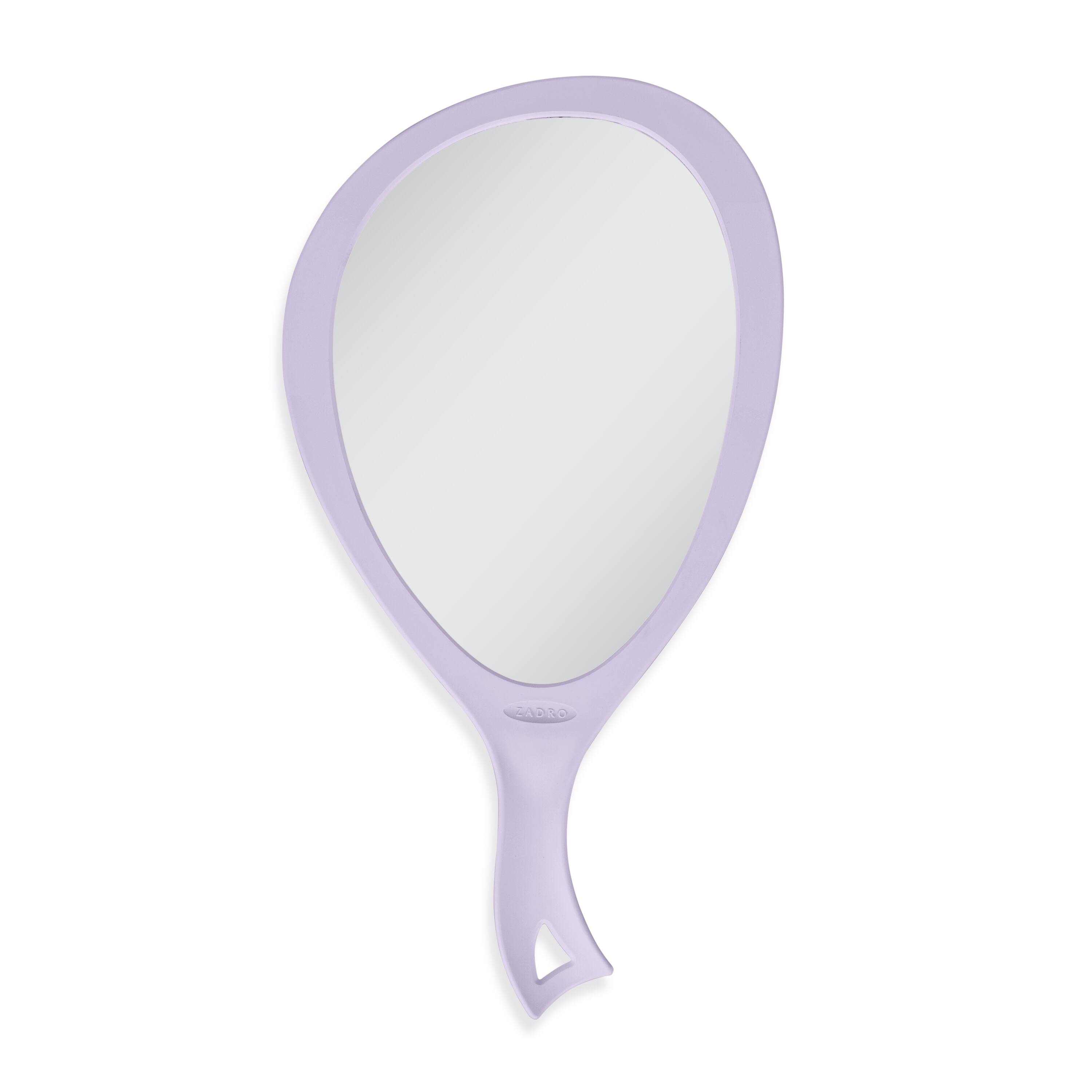 Front. Zadro - Large Teardrop Hand Mirror with Ergonomic Handle and Hanging Loop - Made in USA - Lavender.