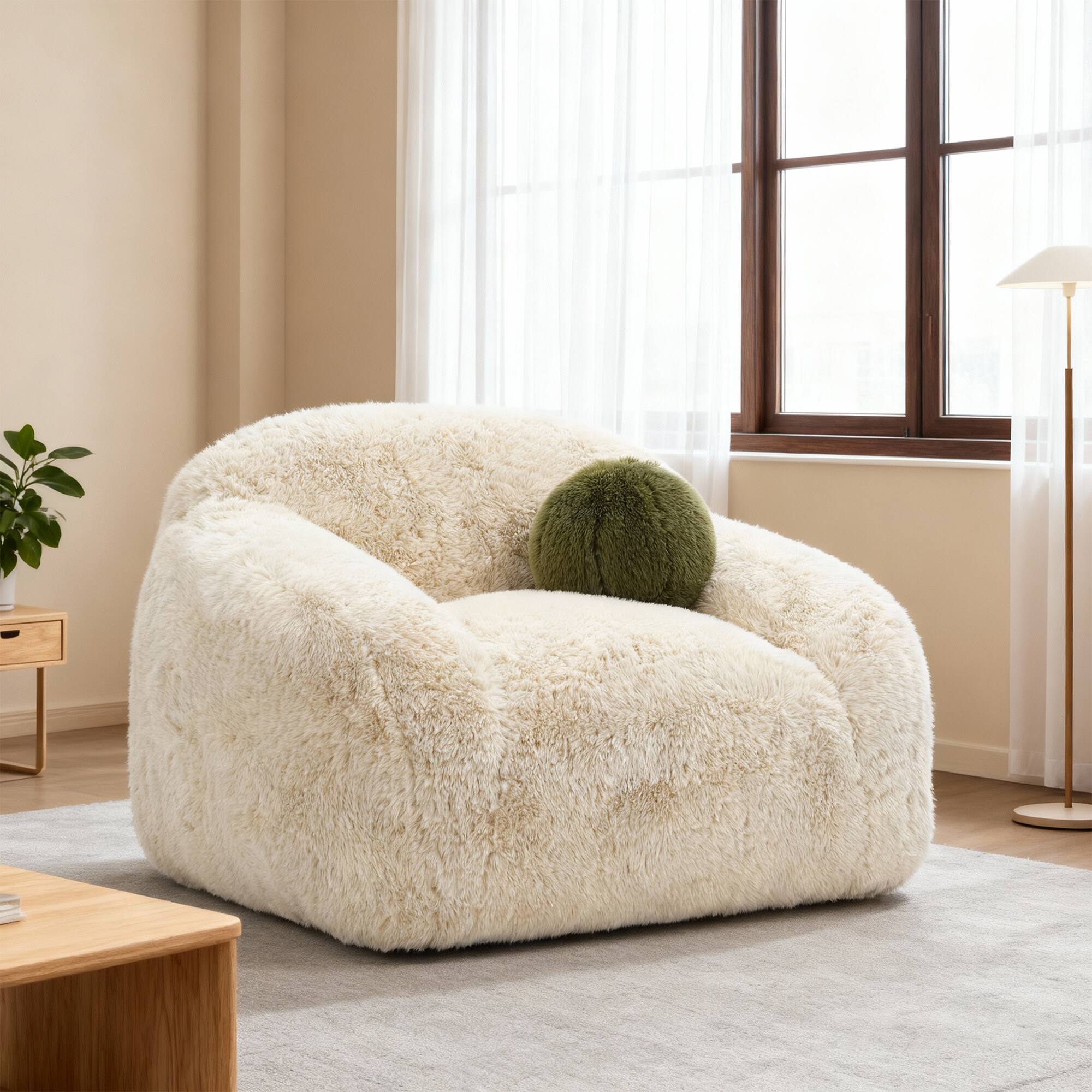 Left. Vaczon - Plush 360° Swivel Chair with Long Pile Shaggy Accent Chair with Included Ball Pillows for Living Room or Bedroom - Sand.