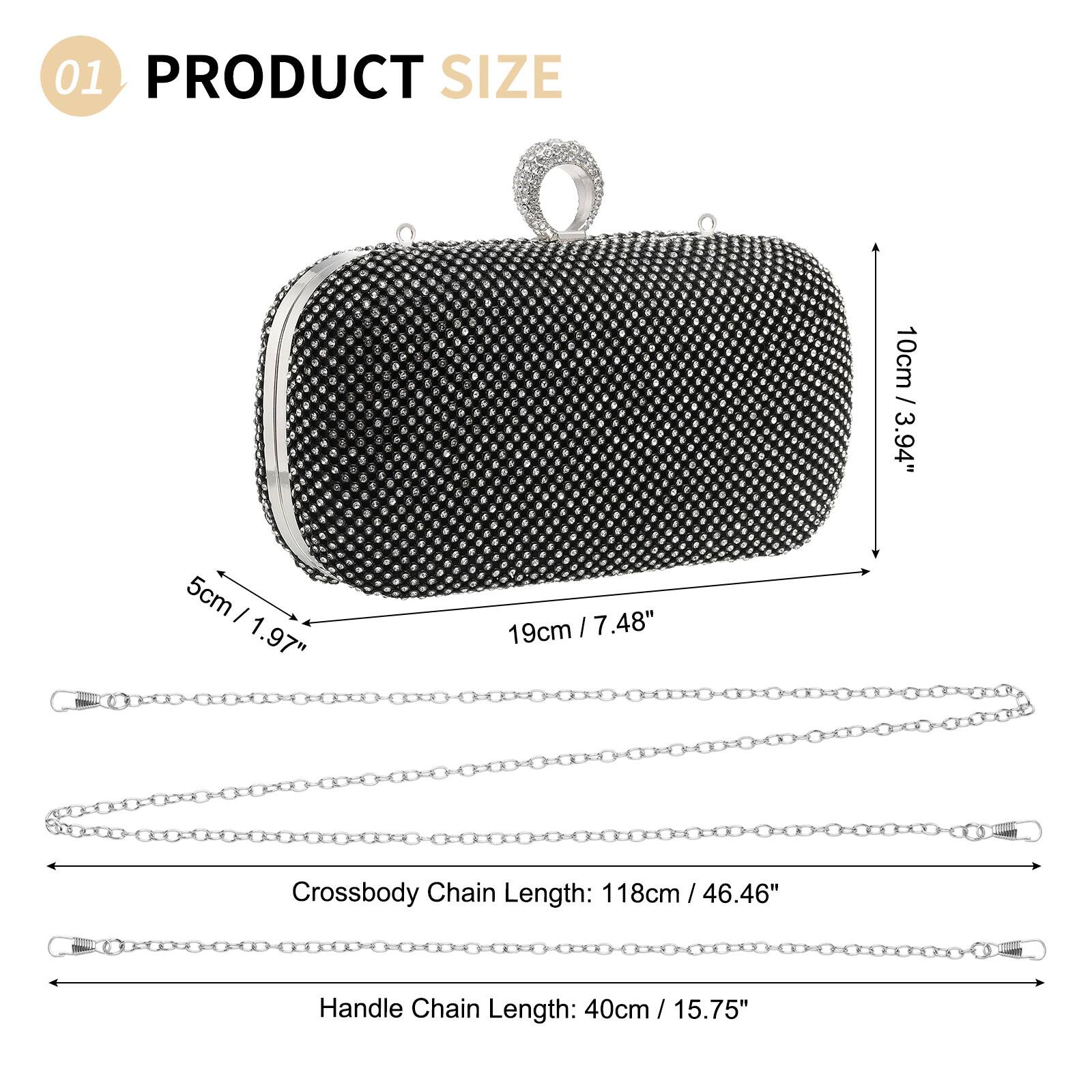 01 PRODUCT SIZE

- Height: 10cm / 3.94"
- Width: 19cm / 7.48"
- Depth: 5cm / 1.97"

Crossbody Chain Length: 118cm / 46.46"

Handle Chain Length: 40cm / 15.75"