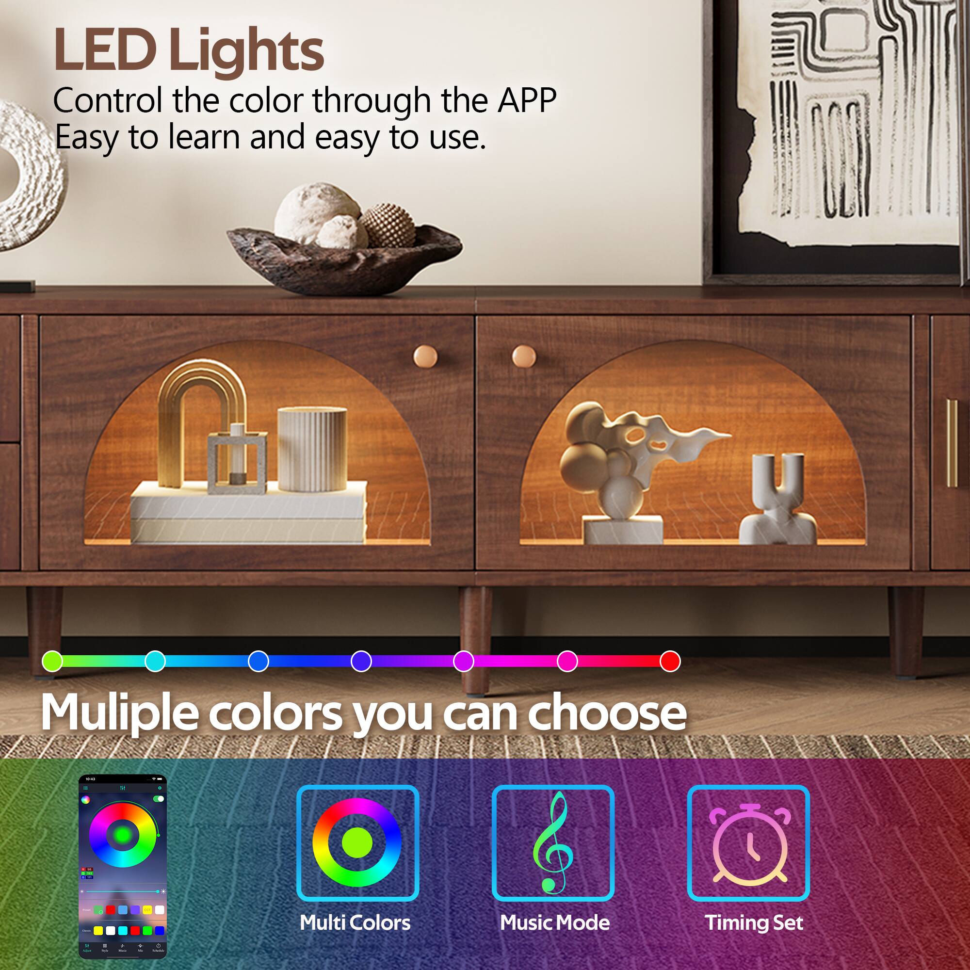 LED Lights  
Control the color through the APP  
Easy to learn and easy to use.  

Multiple colors you can choose:  
Multi Colors  
Music Mode  
Timing Set
