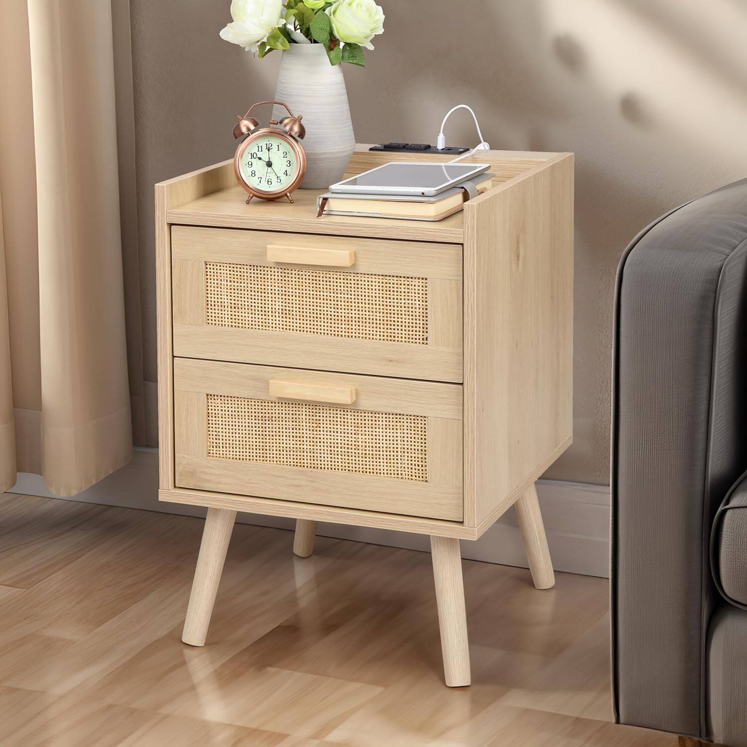 Front. Finnhomy - Finnhomy Nightstand with Rattan Drawers – Full Black End Table with Storage for Bedroom - Black.