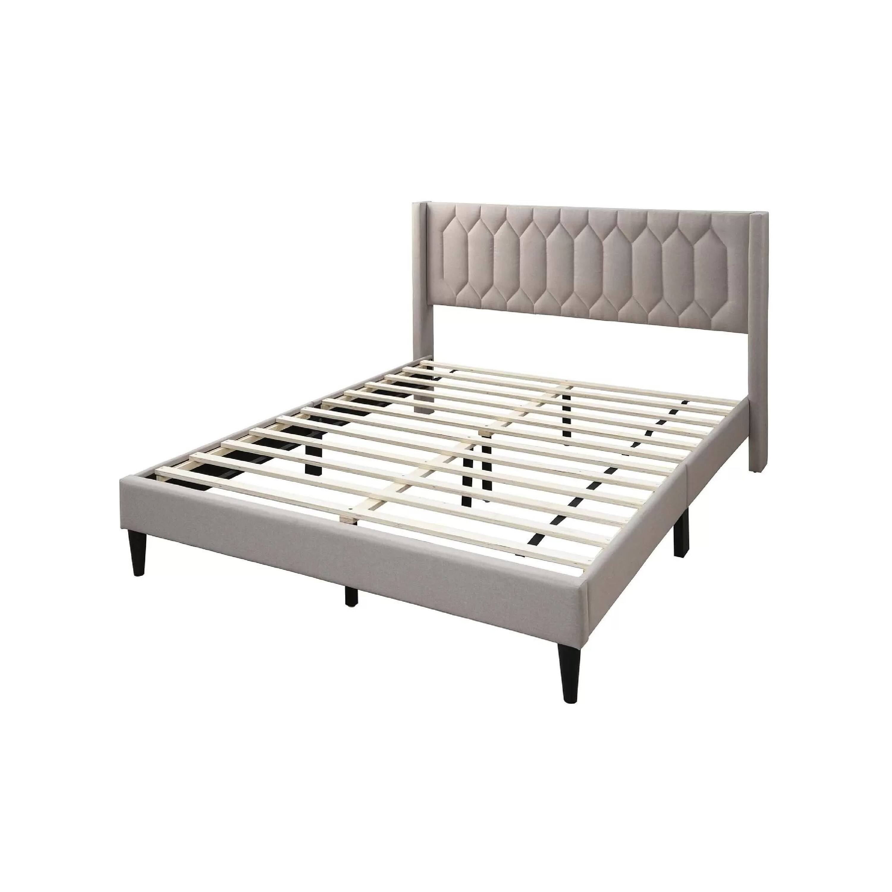 Angle. Manhattan Lane - Liana Full Bed, Tufted Light Brown Burlap Upholstery, Foam Padding - Light Brown, Black.