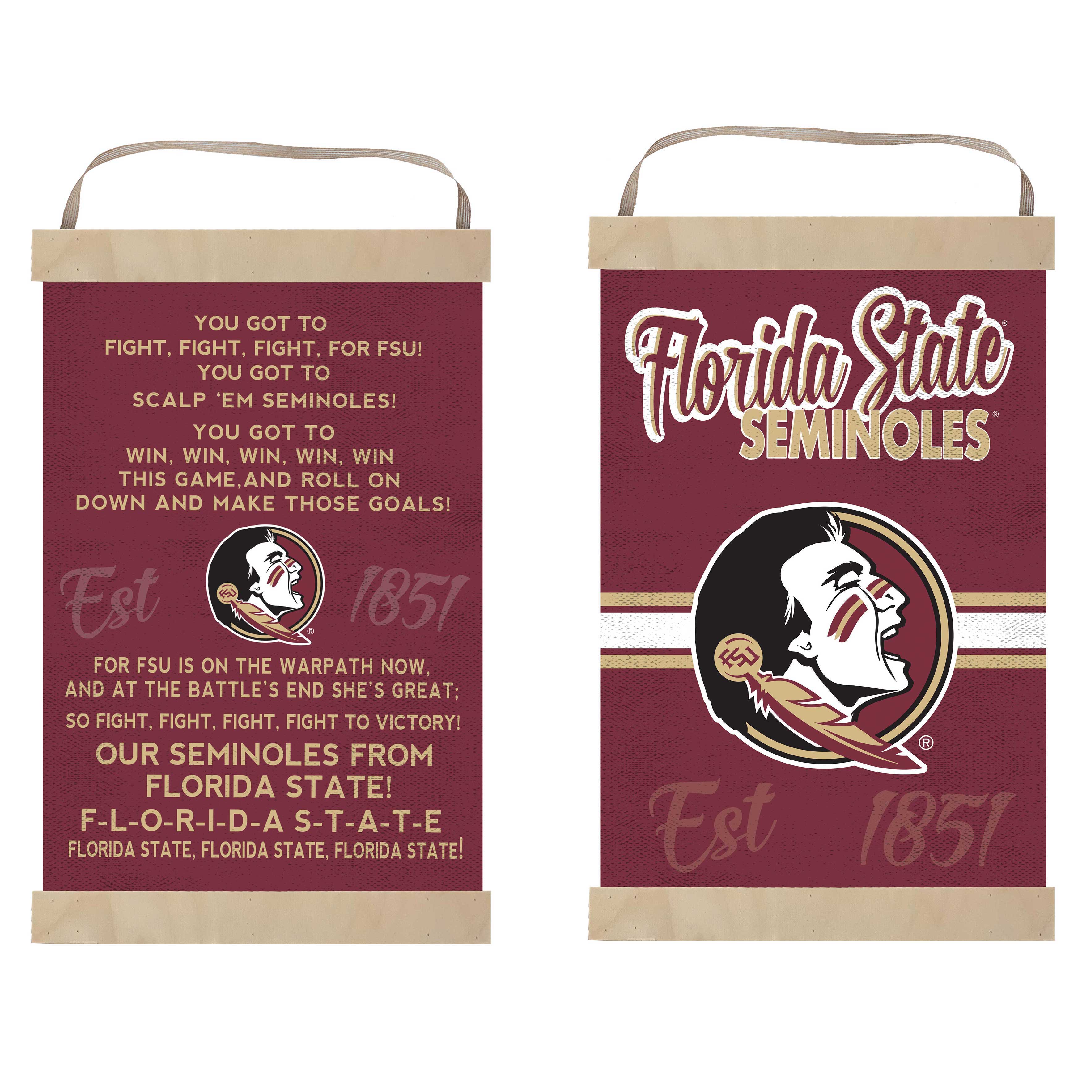 **Left Bag:**

YOU GOT TO  
FIGHT, FIGHT, FIGHT, FOR FSU!  
YOU GOT TO  
SCALP 'EM SEMINOLES!  
YOU GOT TO  
WIN, WIN, WIN, WIN, WIN  
THIS GAME, AND ROLL ON  
DOWN AND MAKE THOSE GOALS!  

Est 1851  

FOR FSU IS ON THE WARPATH NOW,  
AND AT THE BATTLE'S END SHE'S GREAT;  
SO FIGHT, FIGHT, FIGHT, FIGHT TO VICTORY!  
OUR SEMINOLES FROM  
FLORIDA STATE!  
F-L-O-R-I-D-A S-T-A-T-E  
FLORIDA STATE, FLORIDA STATE, FLORIDA STATE!  

**Right Bag:**

Florida State  
SEMINOLES  

Est 1851
