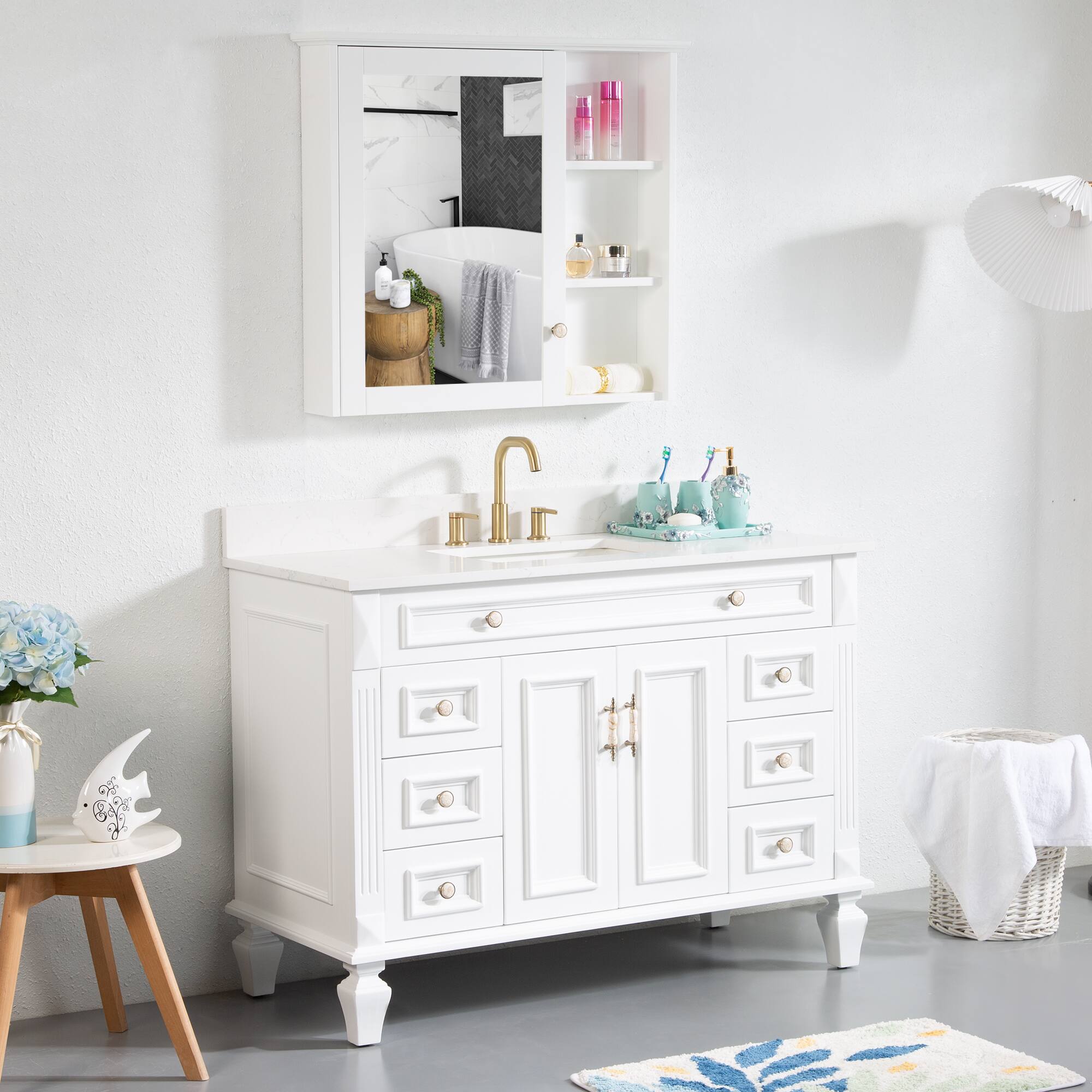Angle. WELLFOR - ARTWOOD 48 in. Solid Wood Bath Vanity with Quartz Top, Single Sink, Soft Close, Assembled - White.
