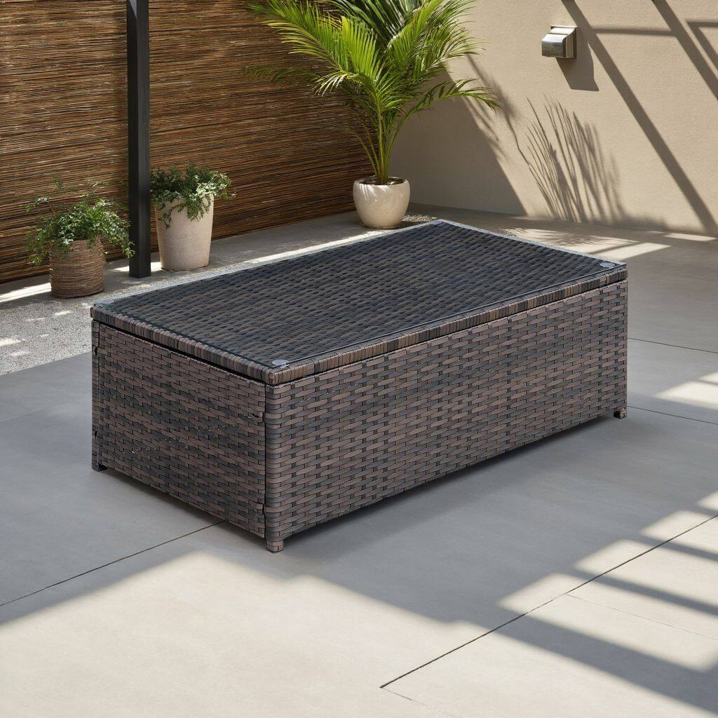 Alt View 5. Manhattan Lane - Rectangular Faux Rattan and Aluminum Coffee Table with Glass Top - Brown.
