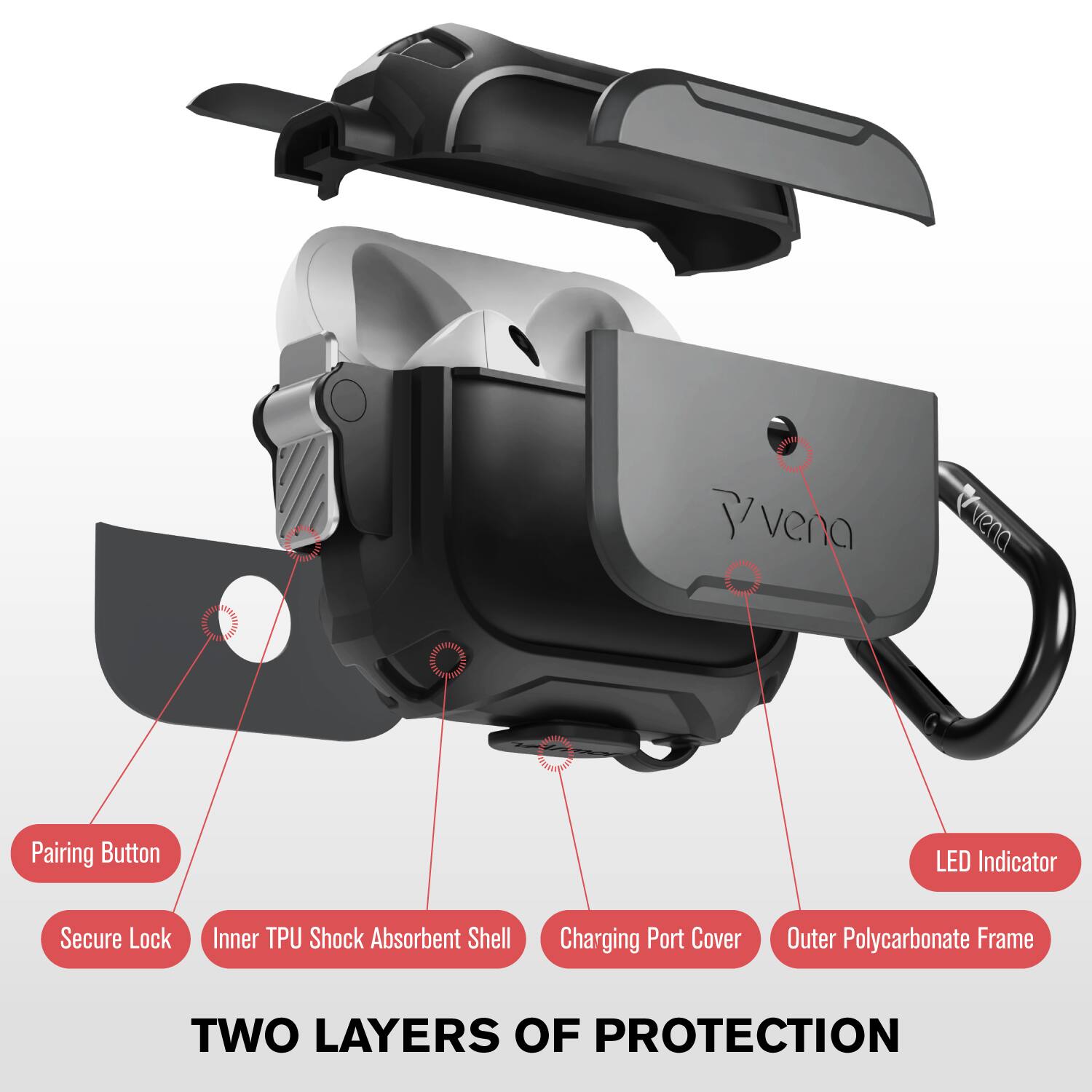 TWO LAYERS OF PROTECTION

Pairing Button
LED Indicator
Secure Lock
Inner TPU Shock Absorbent Shell
Charging Port Cover
Outer Polycarbonate Frame