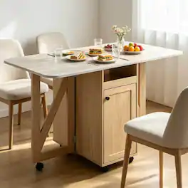 Loheer - Folding Dining Table with Storage Cabinet, Rolling Kitchen Island Cart for Small Spaces - Light Oak and Slate