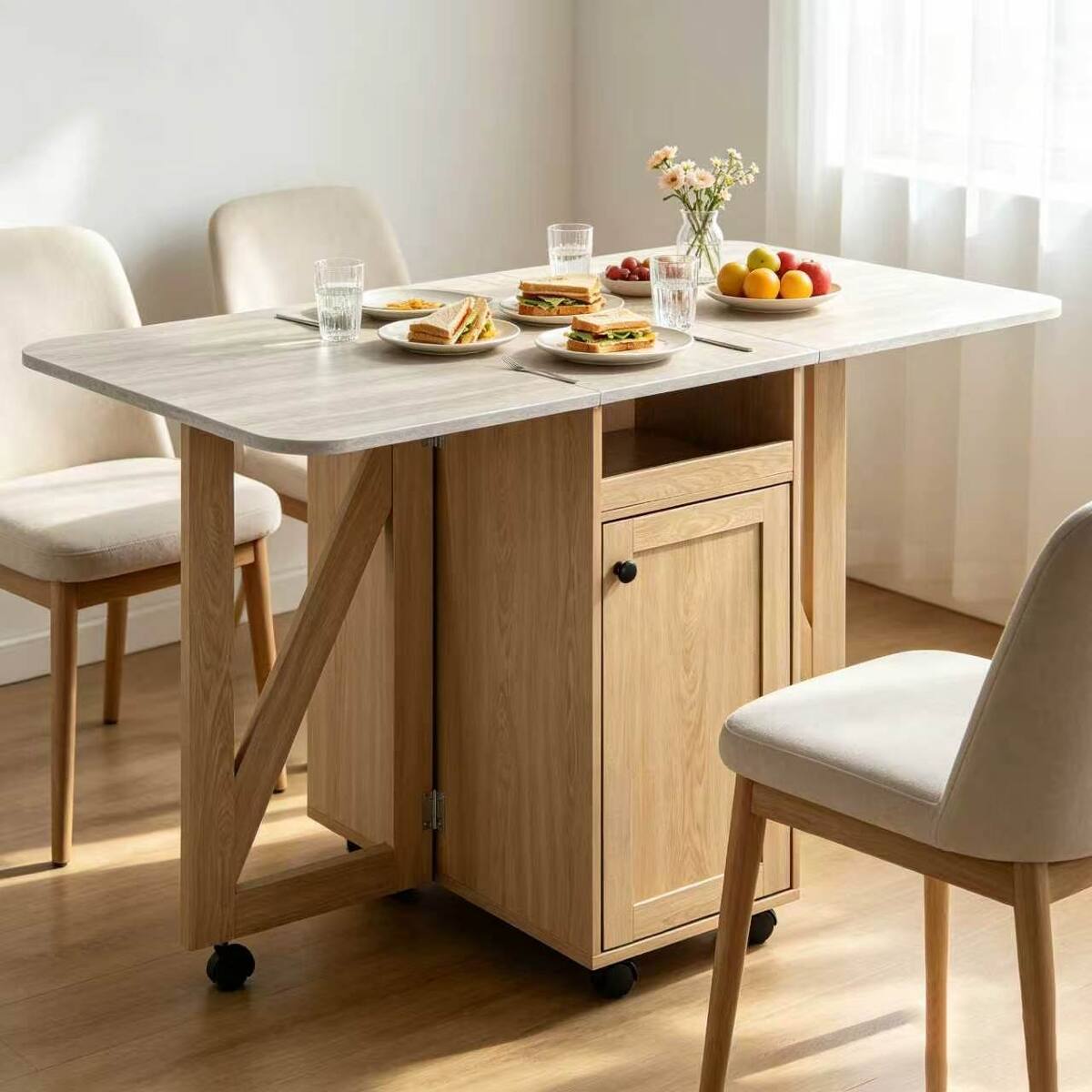 Front. Loheer - Loheer Folding Dining Table with Storage Cabinet, Rolling Kitchen Island Cart for Small Spaces - Light Oak and Slate.