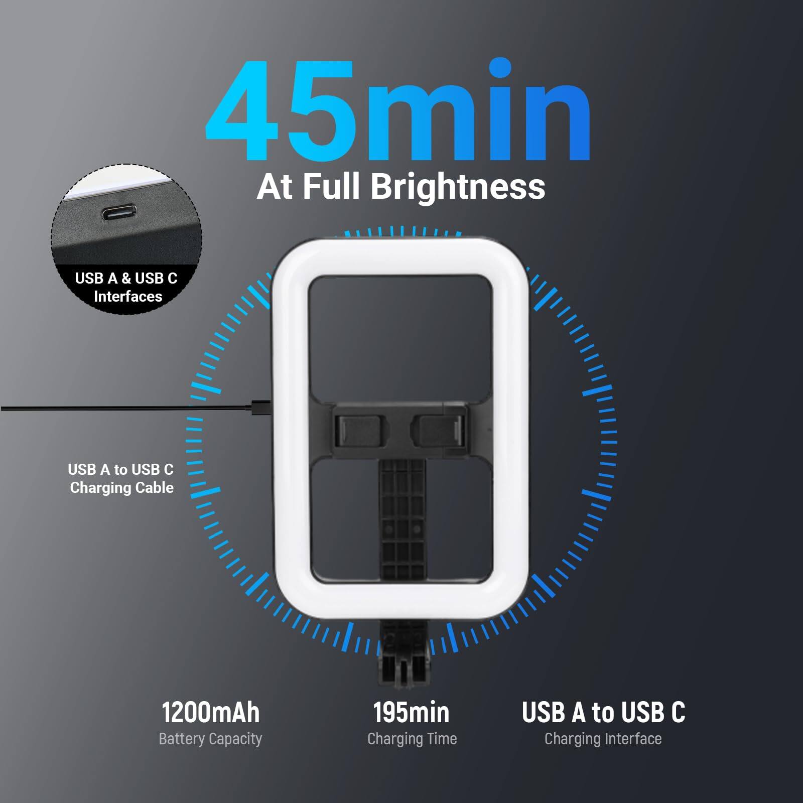 45min At Full Brightness  
USB A & USB C Interfaces  
USB A to USB C Charging Cable  
1200mAh Battery Capacity  
195min Charging Time  
USB A to USB C Charging Interface