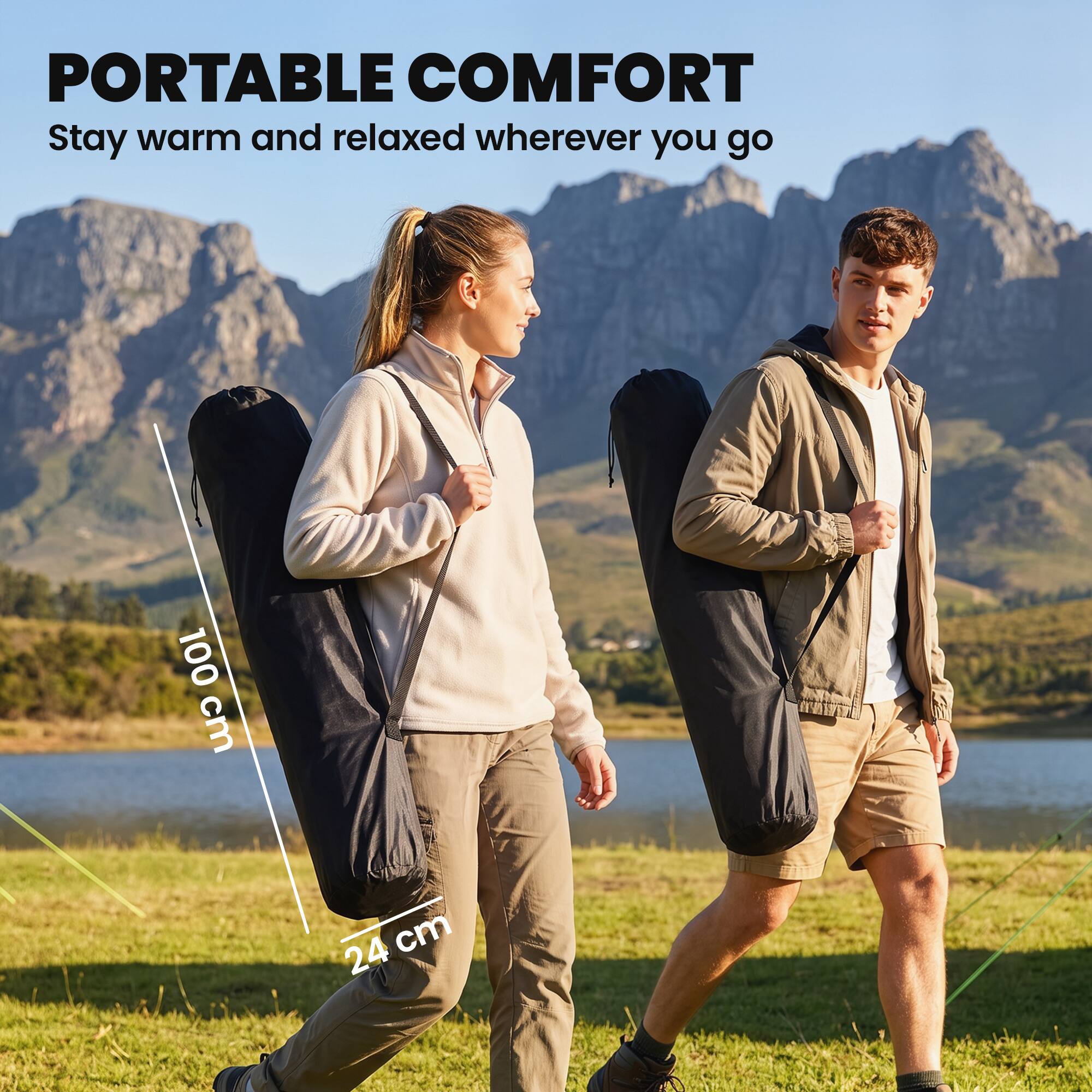 PORTABLE COMFORT  
Stay warm and relaxed wherever you go  

100 cm  
24 cm