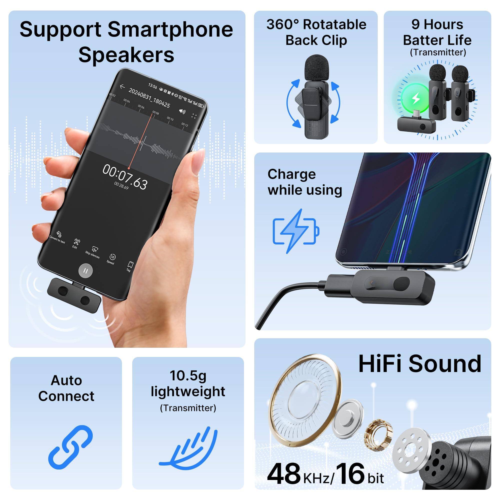 Support Smartphone Speakers

- 360° Rotatable Back Clip
- 9 Hours Battery Life (Transmitter)
- Charge while using
- Auto Connect
- 10.5g lightweight (Transmitter)
- HiFi Sound 48 KHz/16 bit