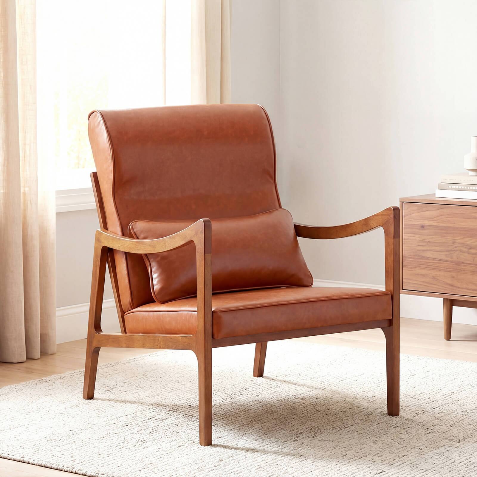 Alt View 1. Costway - Costway 2 PCS Faux Leather Upholstered Armchair with Lumbar Pillow, Removable Back - Brown.