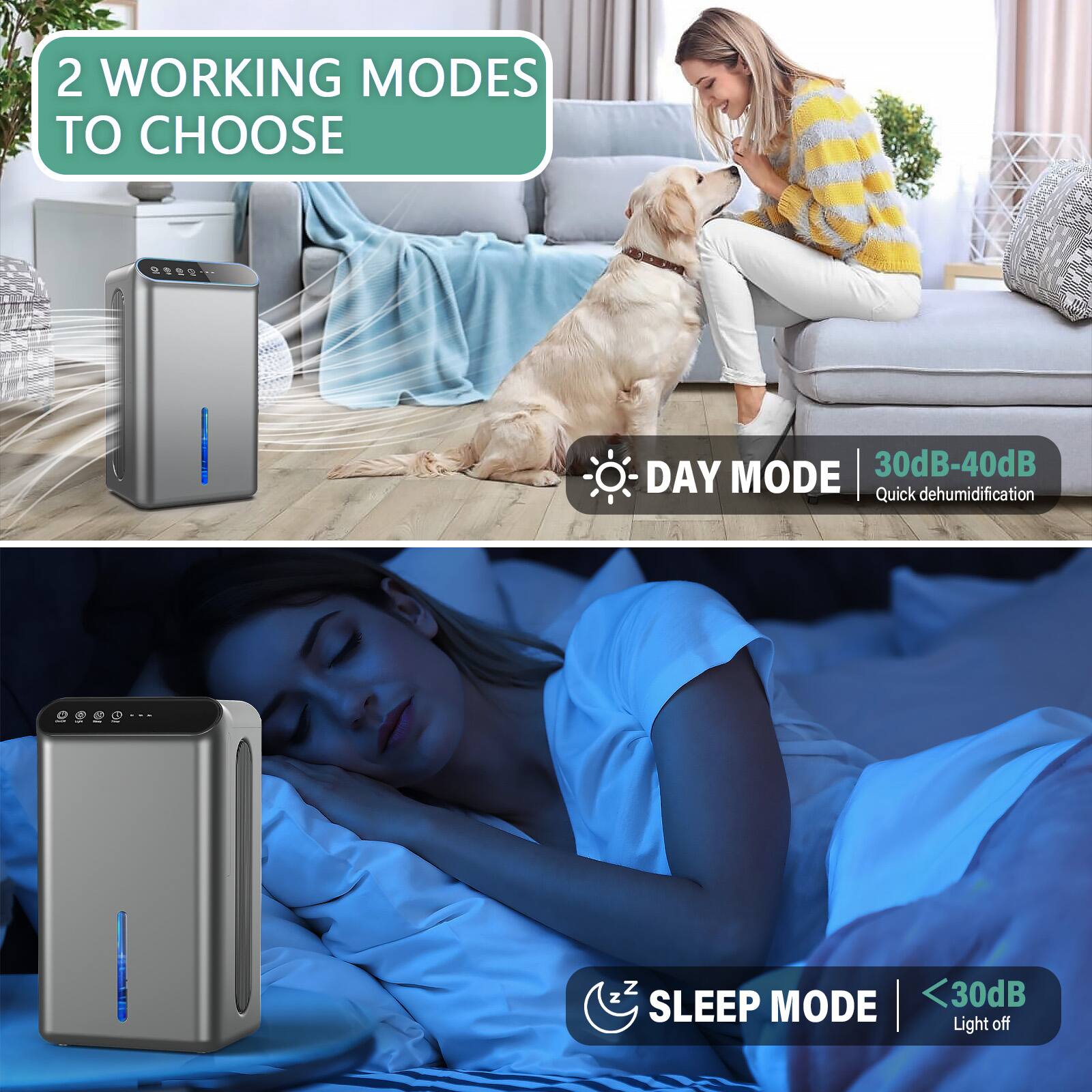 2 WORKING MODES TO CHOOSE

DAY MODE | 30dB-40dB Quick dehumidification

SLEEP MODE | <30dB Light off