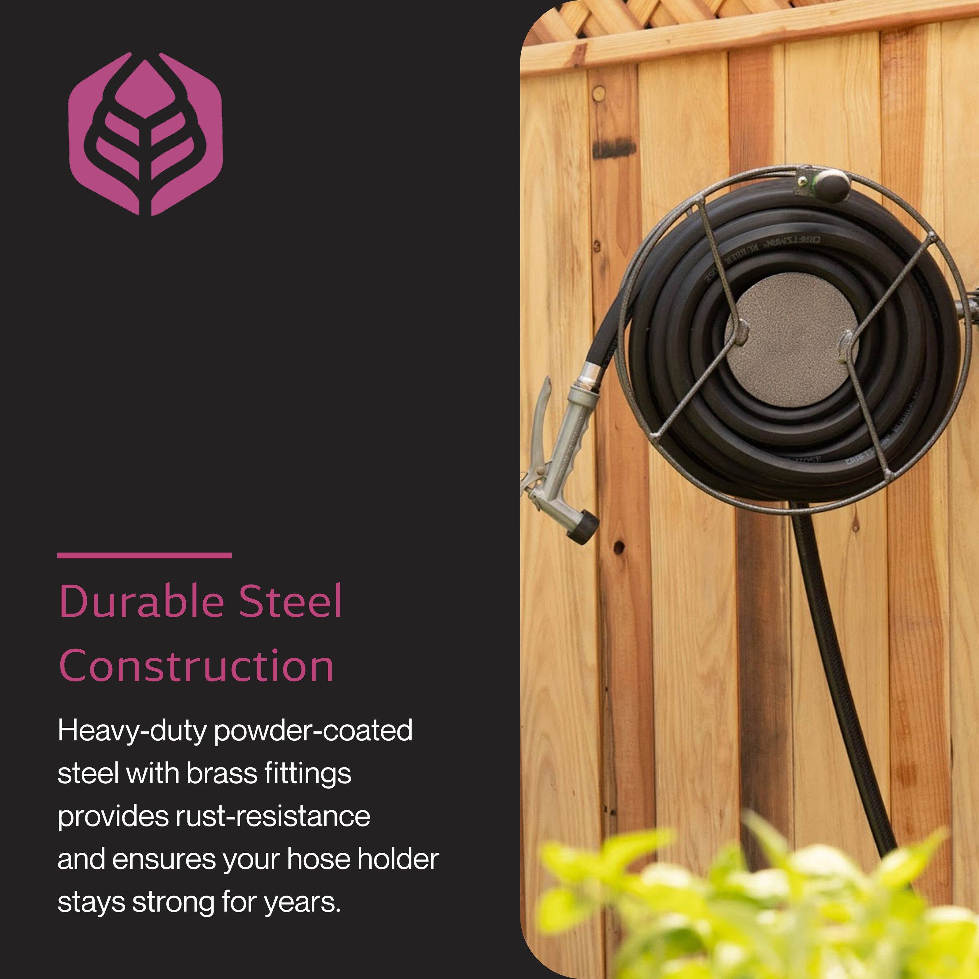Durable Steel Construction

Heavy-duty powder-coated steel with brass fittings provides rust-resistance and ensures your hose holder stays strong for years.