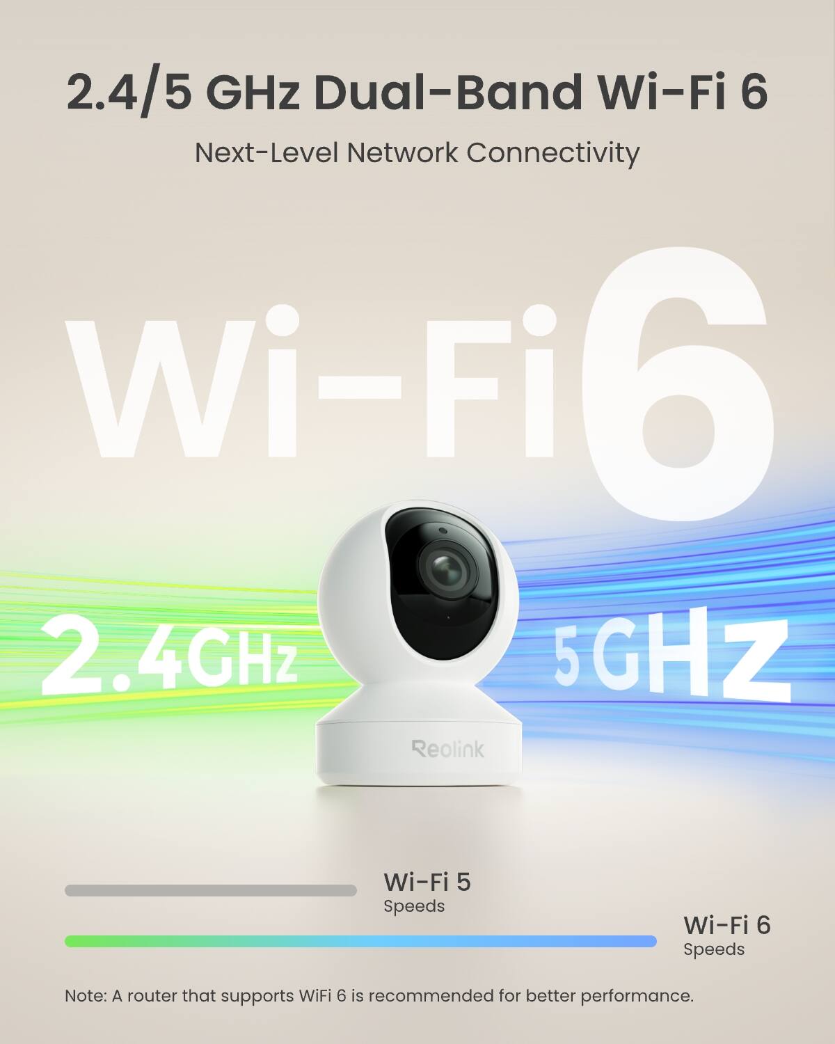 2.4/5 GHz Dual-Band Wi-Fi 6 Next-Level Network Connectivity

Wi-Fi 5 Speeds
Wi-Fi 6 Speeds

Note: A router that supports Wi-Fi 6 is recommended for better performance.