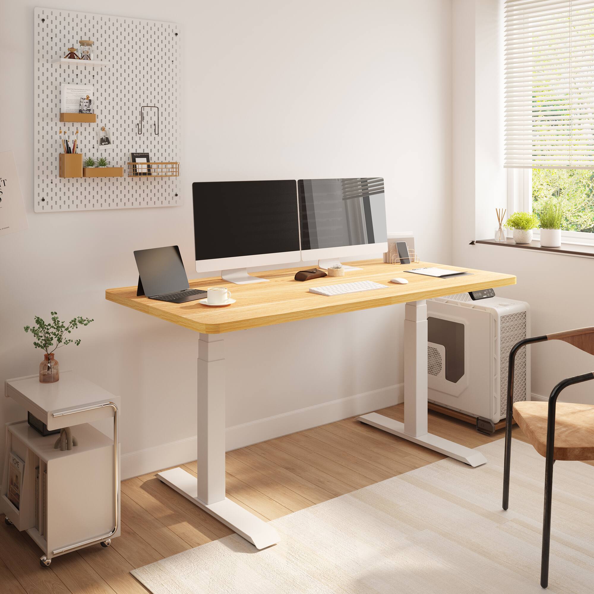 Alt View 4. FlexiSpot - FlexiSpot E7 55''W Electric Adjustable Standing Desk Chipboard, Maple/White - Maple.