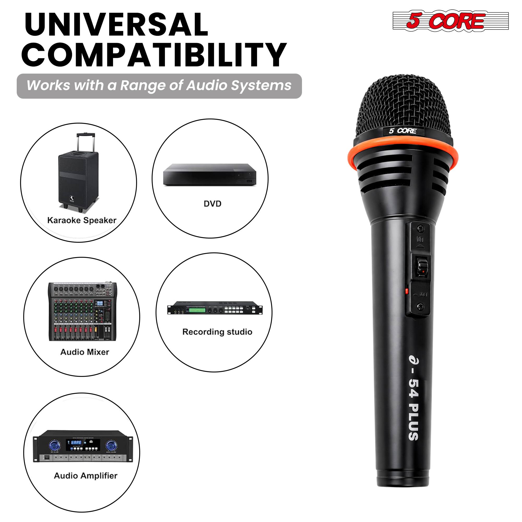 UNIVERSAL COMPATIBILITY  
Works with a Range of Audio Systems

5 CORE

Karaoke Speaker  
DVD  
Audio Mixer  
Recording studio  
Audio Amplifier

54 PLUS