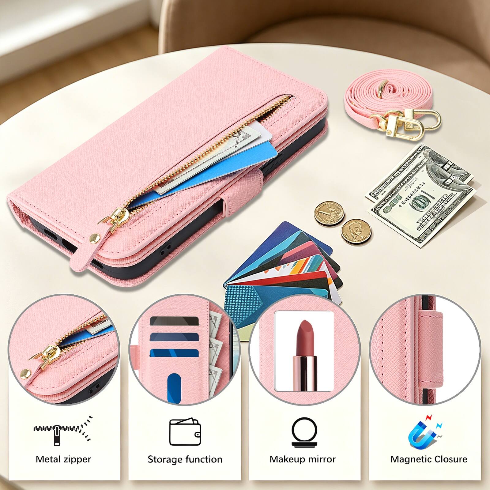 IRUINL 1S E a I LE IA INT - PUT/EN | 2 CENE

Metal zipper
Storage function
Makeup mirror
Magnetic Closure