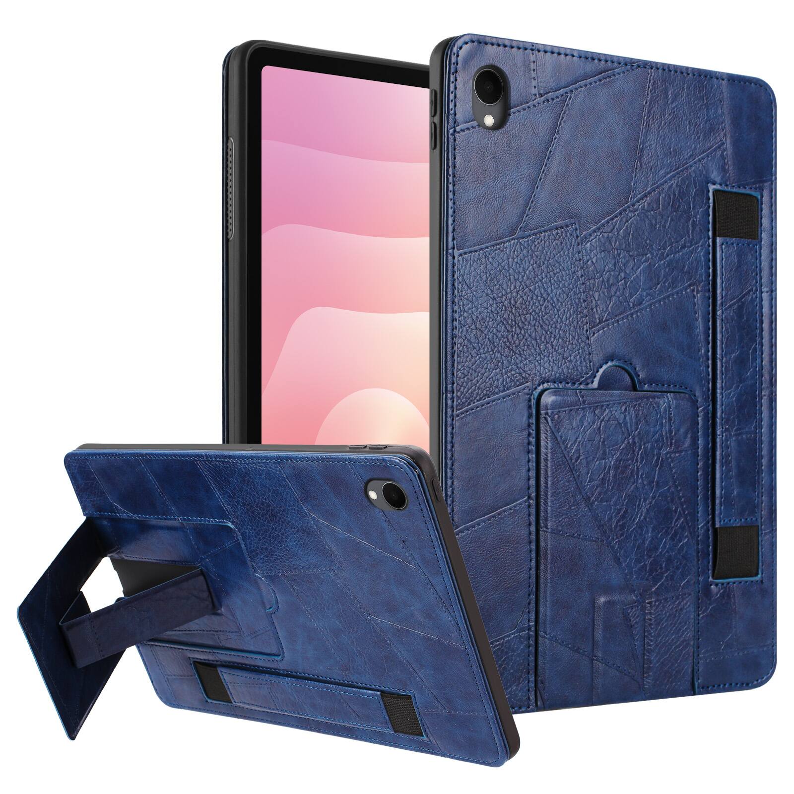 Front. Dteck - Leather Texture Case for Samsung Galaxy Tab S11, Shockproof Cover with Multi-Angle Stand and Secure Hand Strap - Blue.
