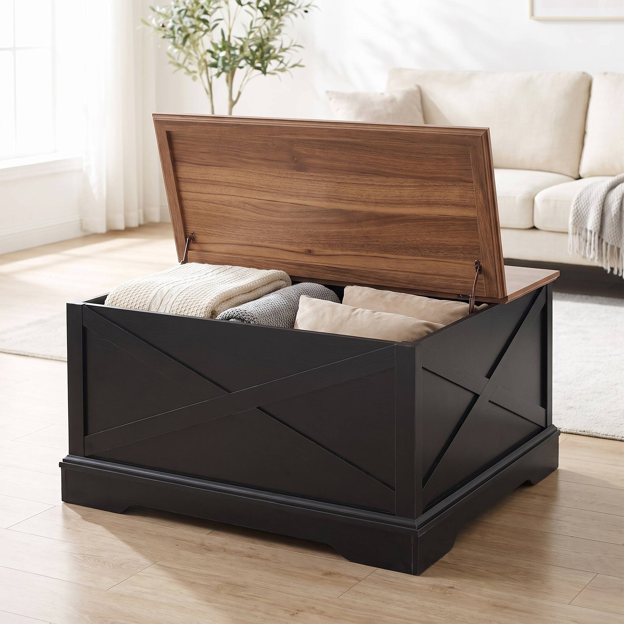 Angle. Ihomeadore - 31.5 Inch Modern Farmhouse Flip Top Coffee Table with Hidden Storage Box and Sliding Barn Door - Brown.