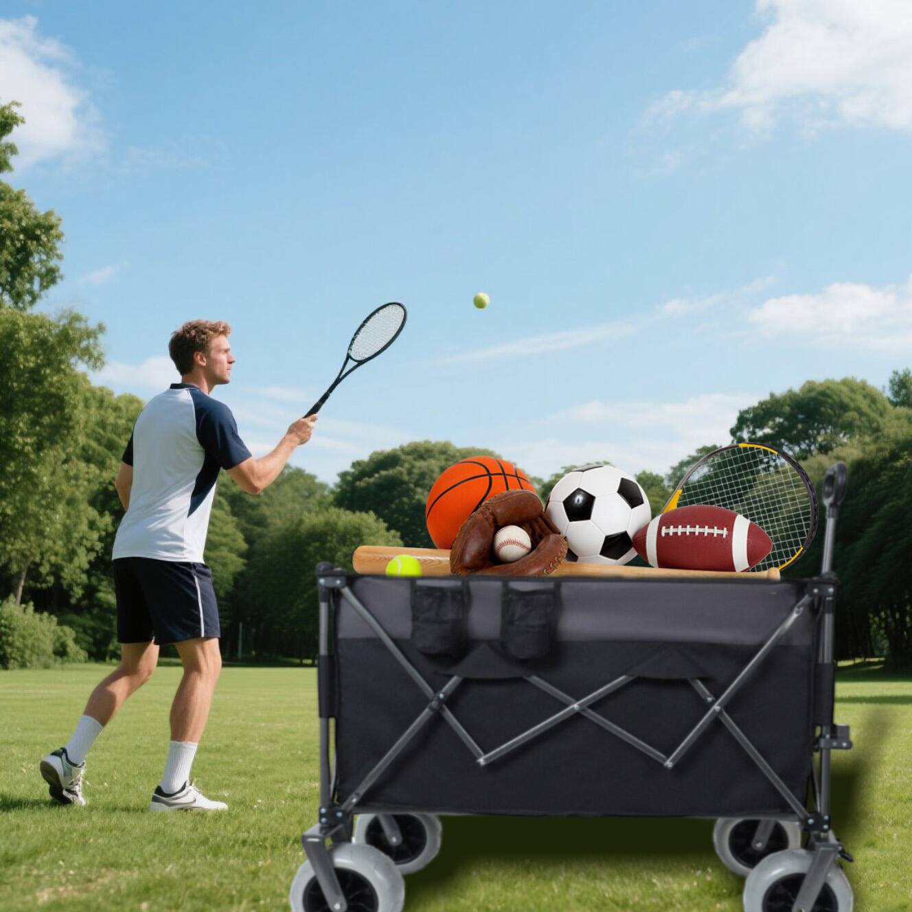 Angle. Mondawe - 300L XL Folding Wagon Utility Carts w/ All-Terrain Wheels, Brakes and Cup Holders - Black.