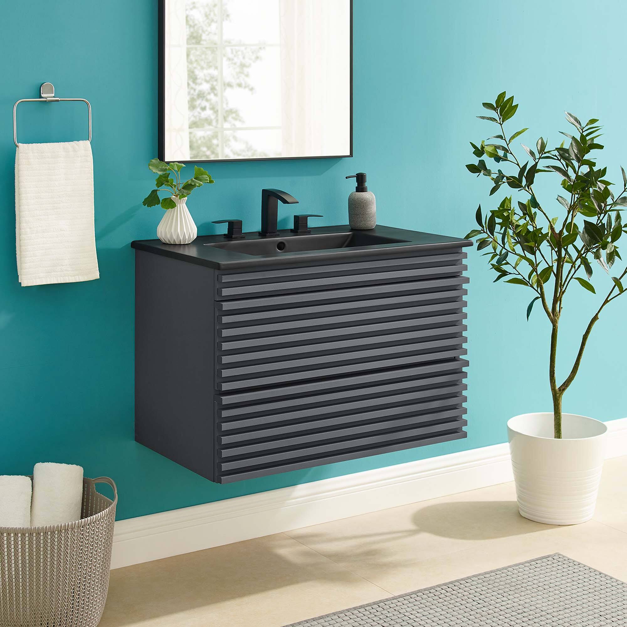 Front. Modway - Render Wall-Mount Bathroom Vanity with Black Basin Included - Gray Black.