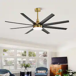Breezary - 65-Inch Ceiling Fan with 8 ABS Blades, 6-Speed DC Motor, Remote Control with Timer, 2 Downrods, Light/No-Light Options - Gold and Black (With Light)