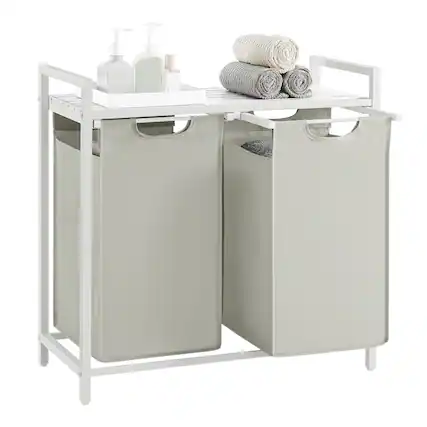 Front. Songmics Home - Laundry Hamper,Laundry Basket,Laundry Sorter with 2 Pull-Out and Removable Bags,Shelf,Metal Frame,2 x12.1Gallons (46L) - White.
