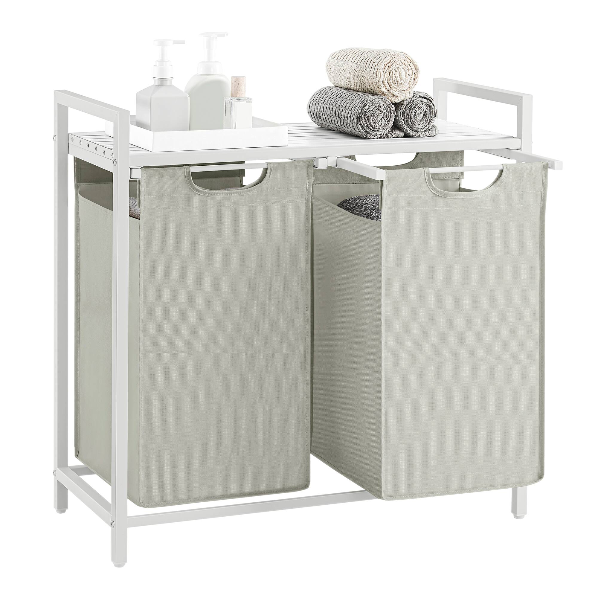 Songmics Home - Laundry Hamper,Laundry Basket,Laundry Sorter with 2 Pull-Out and Removable Bags,Shelf,Metal Frame,2 x12.1Gallons (46L) - White