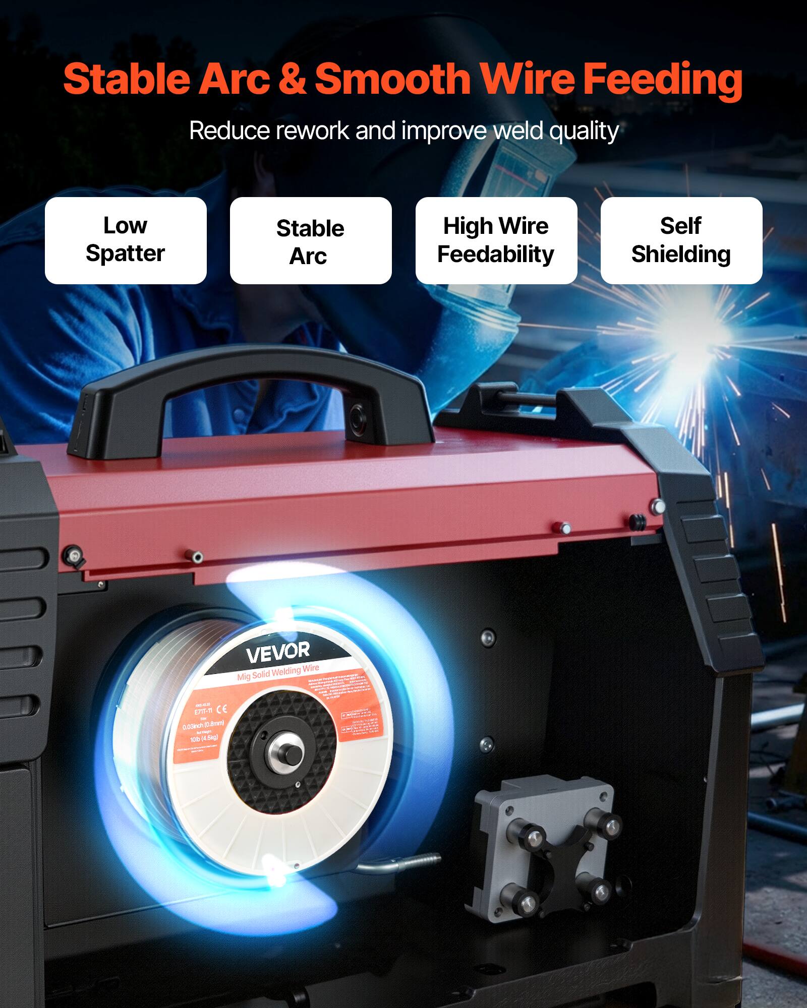 Stable Arc & Smooth Wire Feeding  
Reduce rework and improve weld quality  

Low Spatter  
Stable Arc  
High Wire Feedability  
Self Shielding  

VEVOR  
Mig Solid Welding Wire  
ET-11  
CE  
0.9375" (24mm)  
T0-14 (14kg)