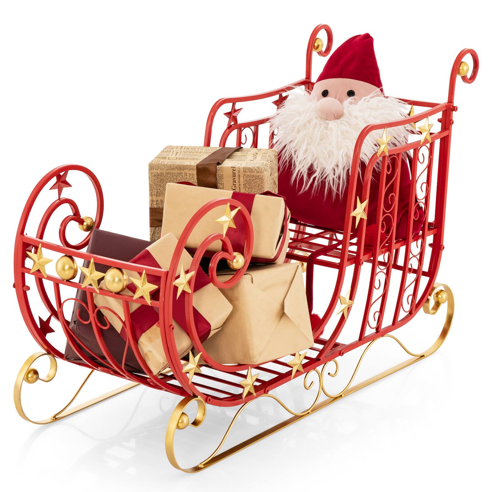 Left. WELLFOR - Metal Christmas Santa Sleigh Decoration with Large Gift Cargo Area - Red.