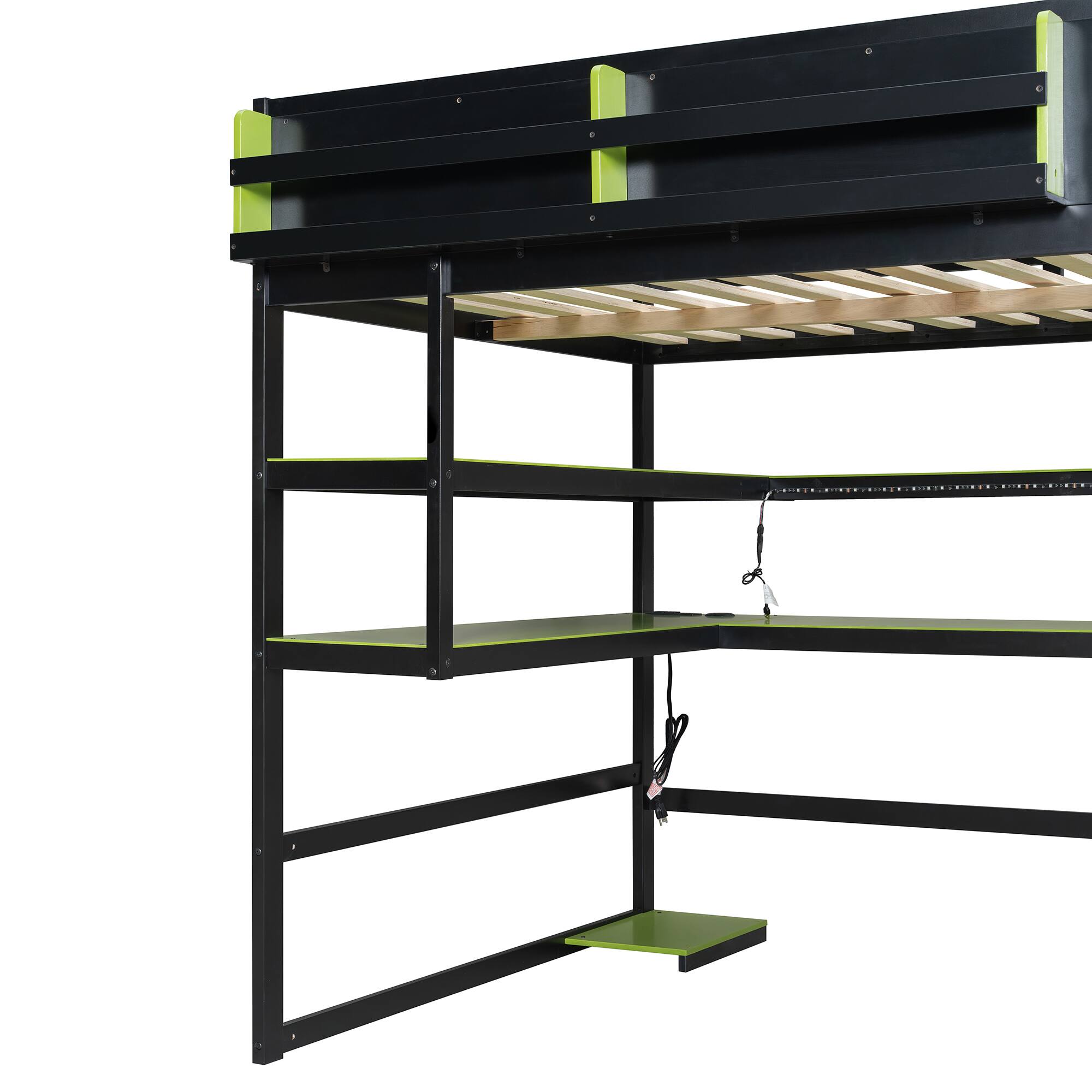 Alt View 1. Anysun - Full Size Wood Loft Bed with Desk,Side storage rack,Multi-storage Shelves and RGB Light - Green.