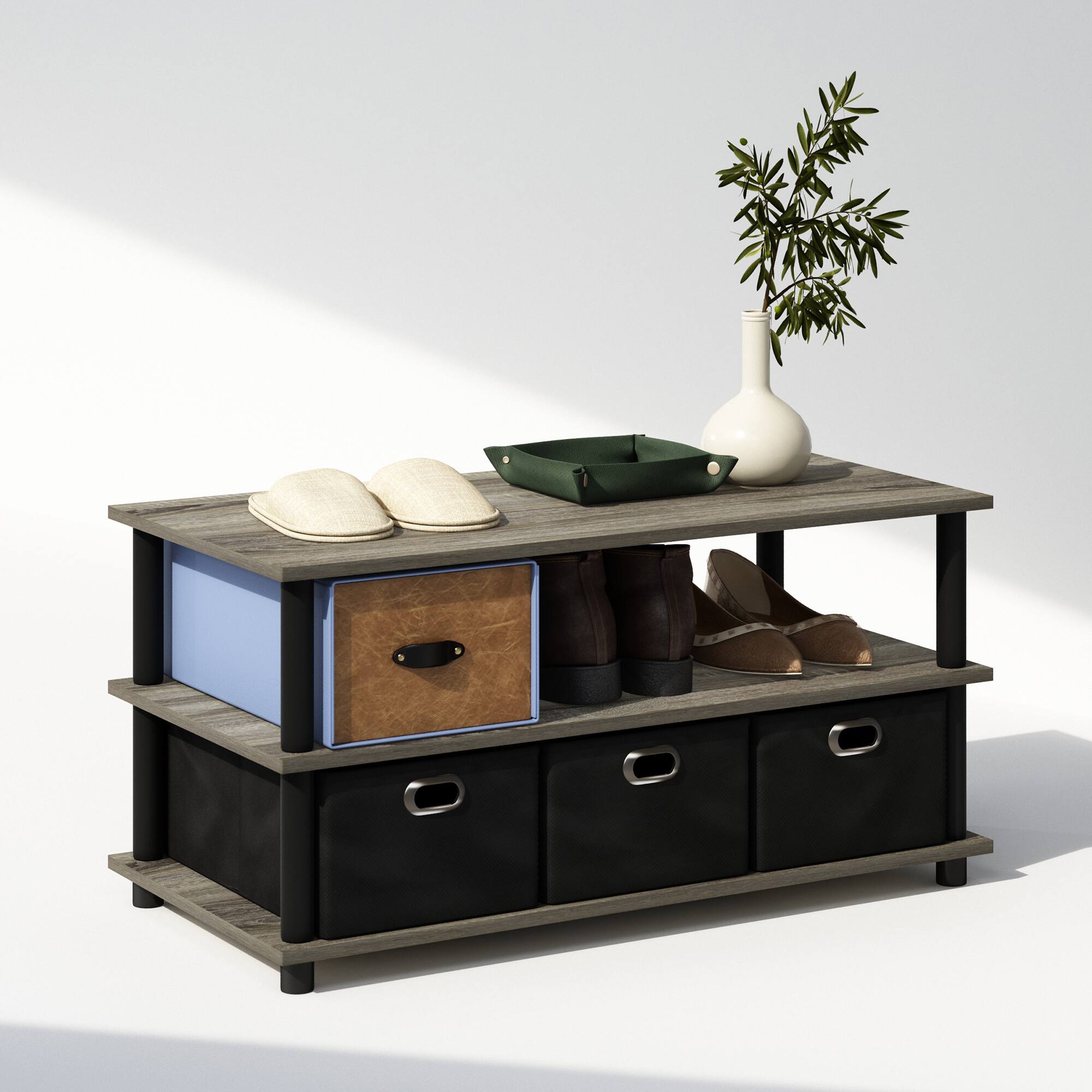 Alt View 3. Furinno - Turn-N-Tube Multipurpose Compact Open Storage Shoe Rack, Shoe Shelf Organizer with Bin Drawers - French Oak/Black/Black.