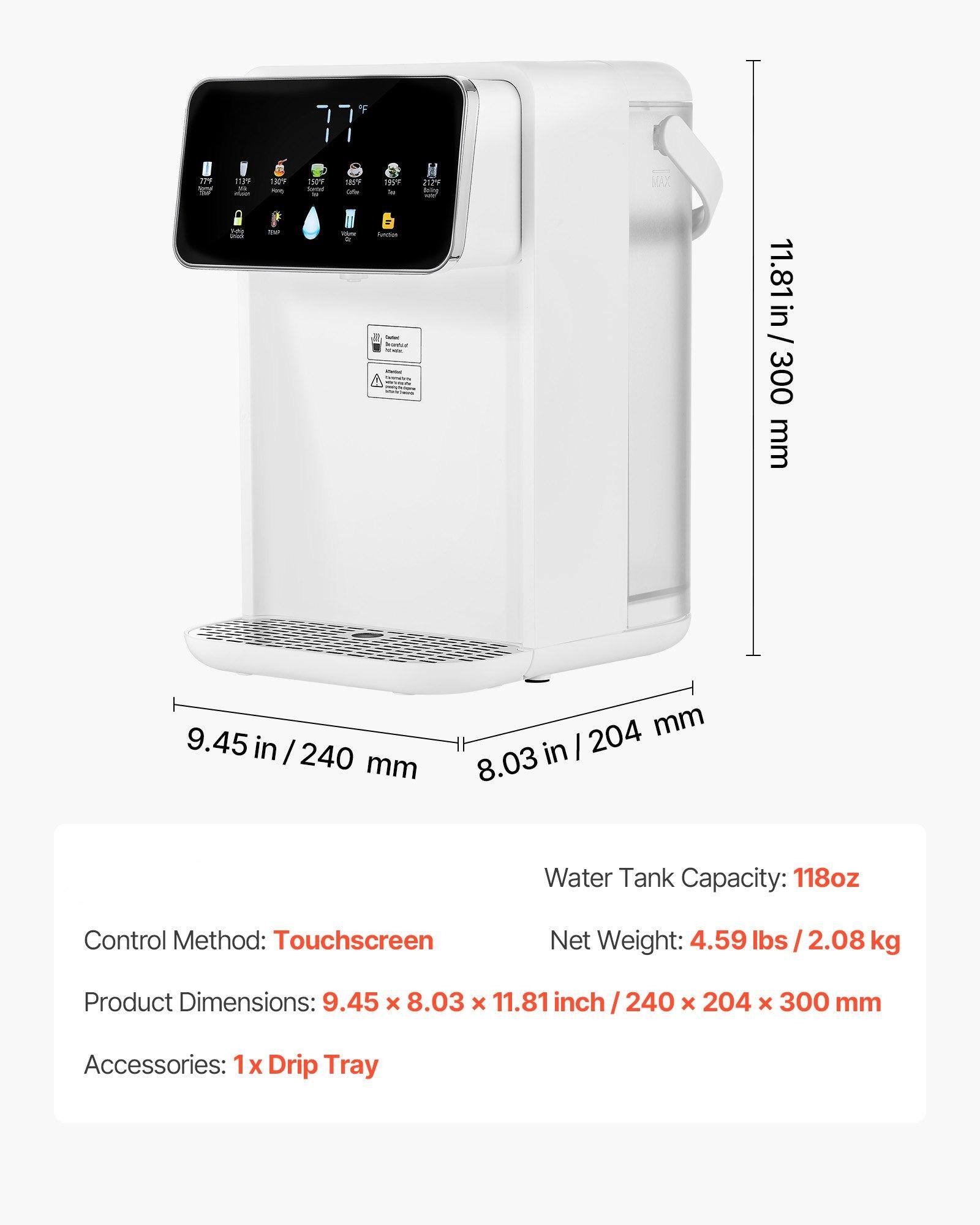 - Water Tank Capacity: 118 oz
- Control Method: Touchscreen
- Net Weight: 4.59 lbs / 2.08 kg
- Product Dimensions: 9.45 x 8.03 x 11.81 inch / 240 x 204 x 300 mm
- Accessories: 1 x Drip Tray