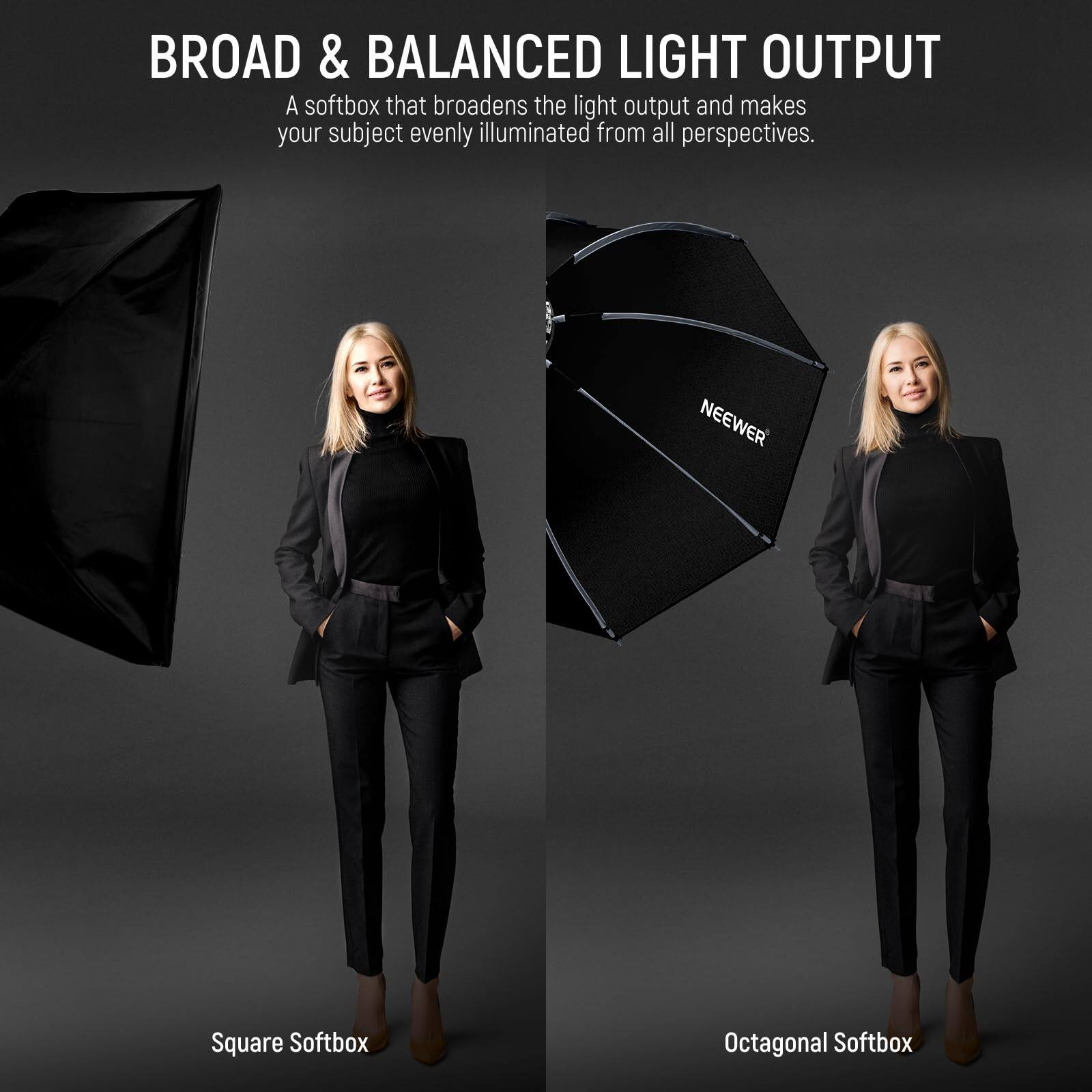 BROAD & BALANCED LIGHT OUTPUT  
A softbox that broadens the light output and makes your subject evenly illuminated from all perspectives.  

NEEWER  
Square Softbox  
Octagonal Softbox