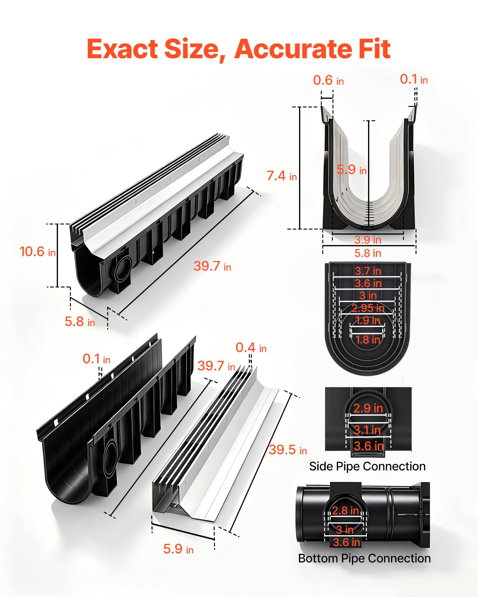 Exact Size, Accurate Fit

- 0.6 in
- 0.1 in
- 7.4 in
- 5.9 in
- 10.6 in
- 5.8 in
- 0.1 in
- 39.7 in
- 0.4 in
- 39.7 in
- 3.9 in
- 5.8 in
- 3.7 in
- 3.6 in
- 3 in
- 2.95 in
- 1.9 in
- 1.8 in
- 2.9 in
- 3.1 in
- 39.5 in
- 3.6 in

Side Pipe Connection
- 2.8 in
- 5.9 in
- 3-in
- 3.6 in

Bottom Pipe Connection