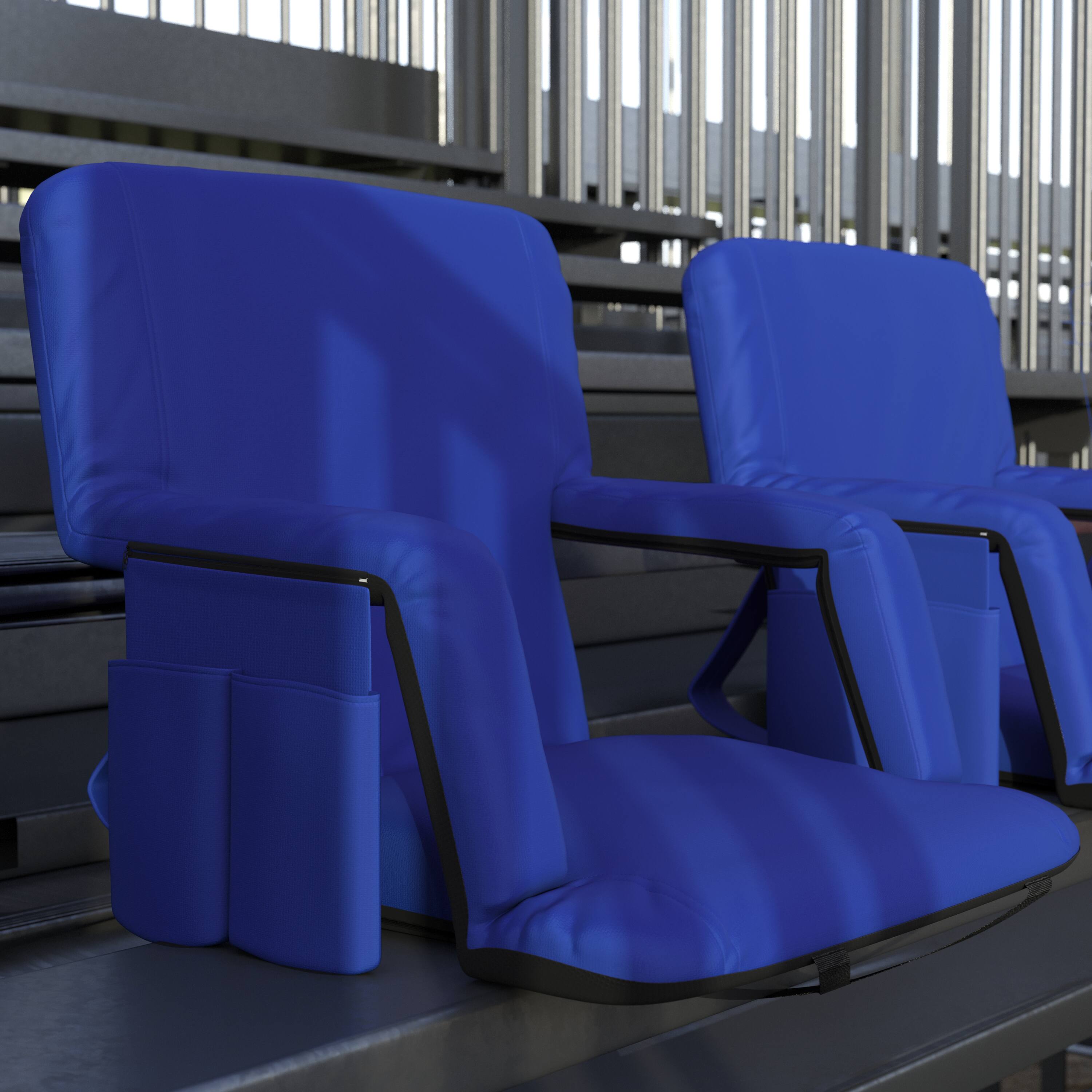 Alt View 2. Emma + Oliver - 2 Pack Folding Metal Stadium Chairs with Padded, Reclining Back & Armrests - Blue.
