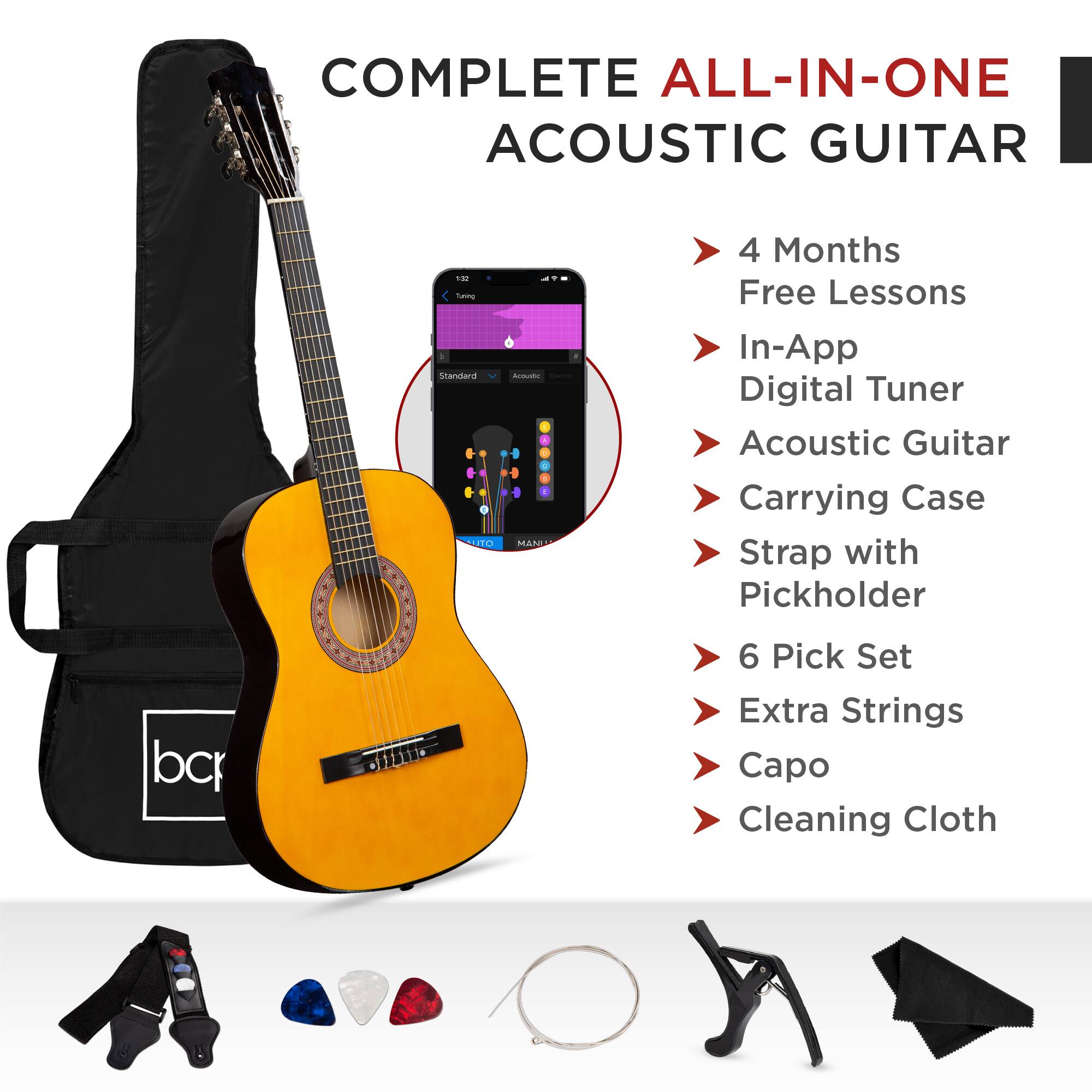 COMPLETE ALL-IN-ONE ACOUSTIC GUITAR

- 4 Months Free Lessons
- In-App Digital Tuner
- Acoustic Guitar
- Carrying Case
- Strap with Pickholder
- 6 Pick Set
- Extra Strings
- Capo
- Cleaning Cloth