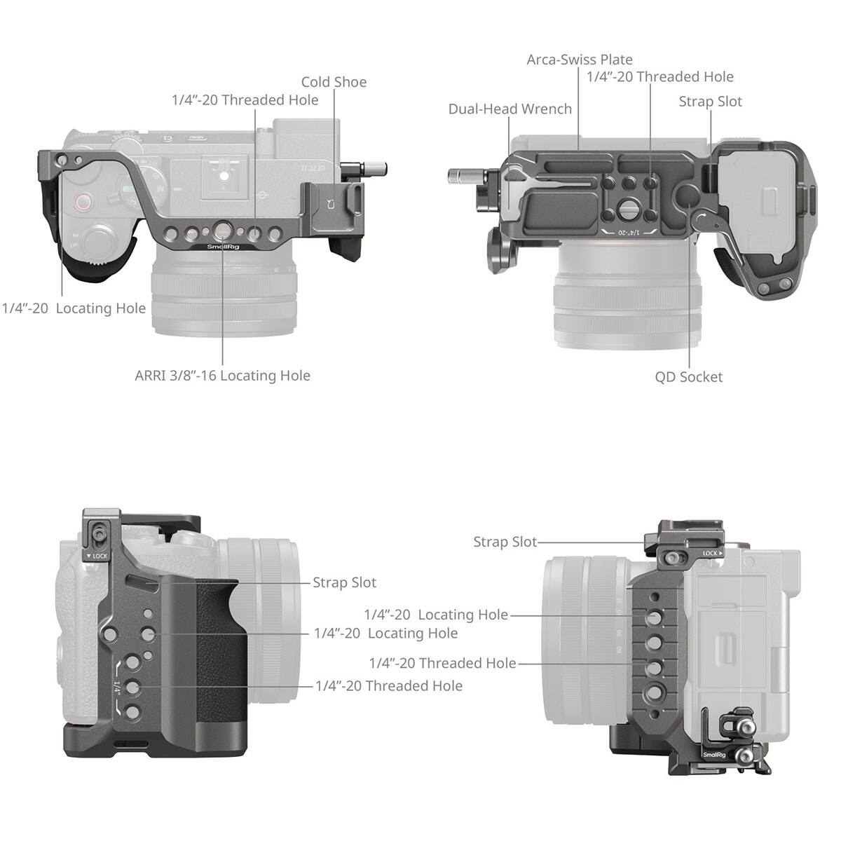 Cold Shoe  
1/4"-20 Threaded Hole  
Arca-Swiss Plate  
1/4"-20 Threaded Hole  
Strap Slot  
Dual-Head Wrench  
1/4"-20 Locating Hole  
ARRI 3/8"-16 Locating Hole  
QD Socket  
Strap Slot  
1/4"-20 Locating Hole  
1/4"-20 Locating Hole  
1/4"-20 Threaded Hole