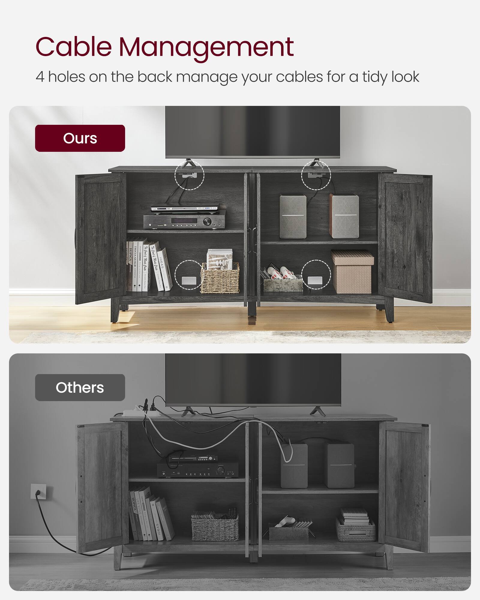 Cable Management

4 holes on the back manage your cables for a tidy look

Ours

Others