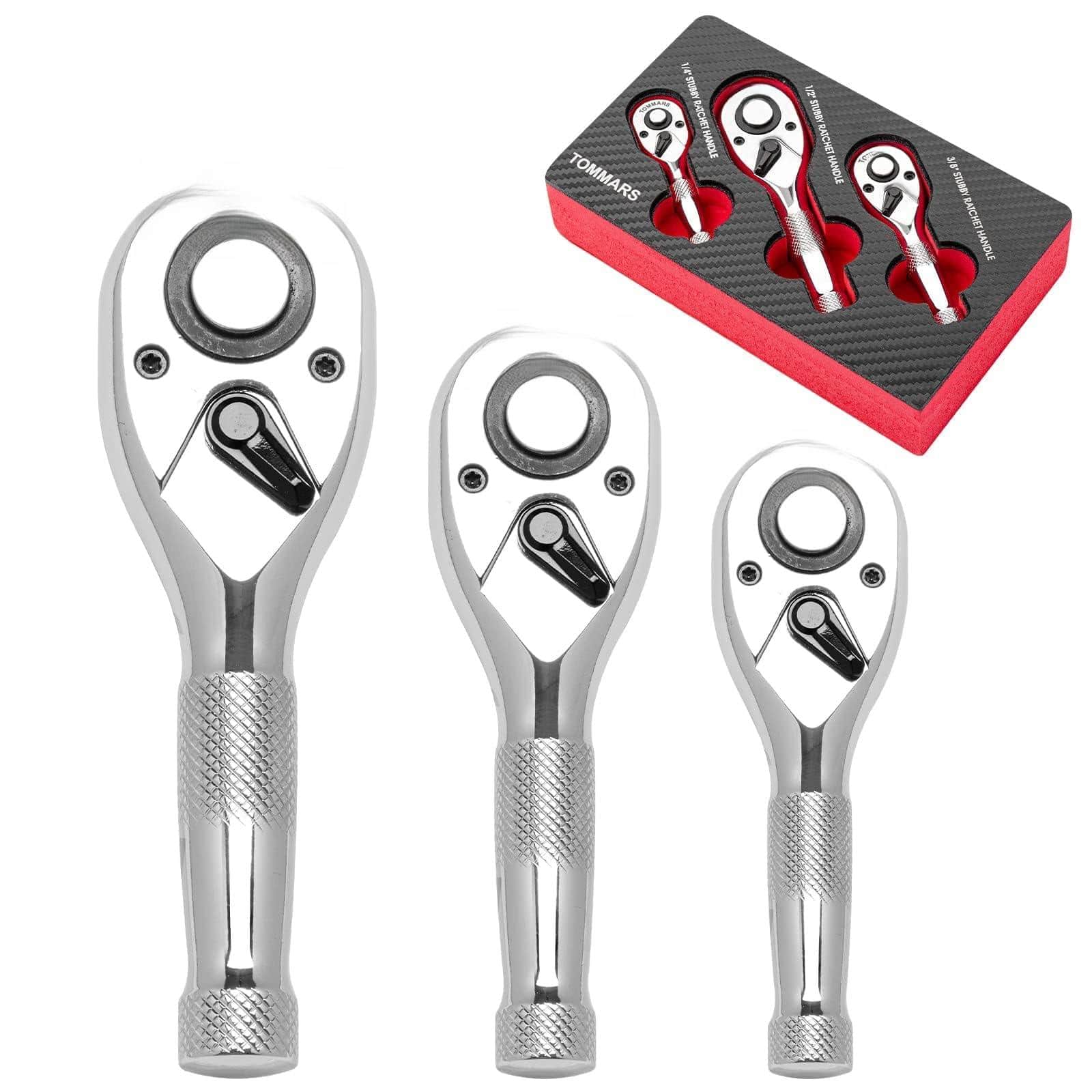 JETRANSPORT - Stubby Ratchet Set 1/4" 3/8" 1/2" Drive Handle Wrench 72-tooth Quick-release Reversible Gift For Men - 3 PCS Stubby Ratchet Set