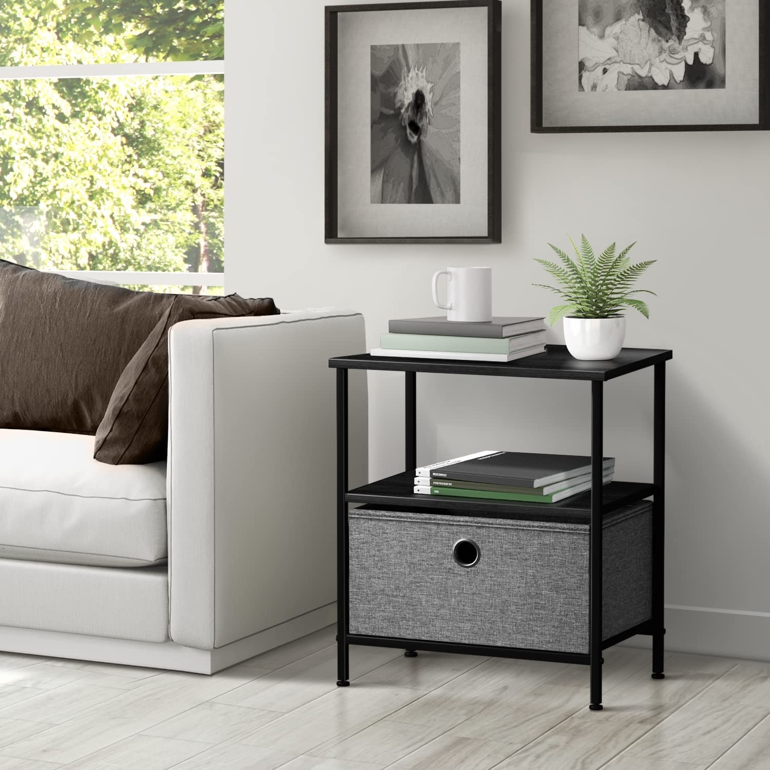 Alt View 5. Sorbus - Sorbus Nightstand 1-Drawer Shelf Storage, Bedside Furniture & Chest Dresser with Steel Frame, Wood Top & Fabric Bins - Black.