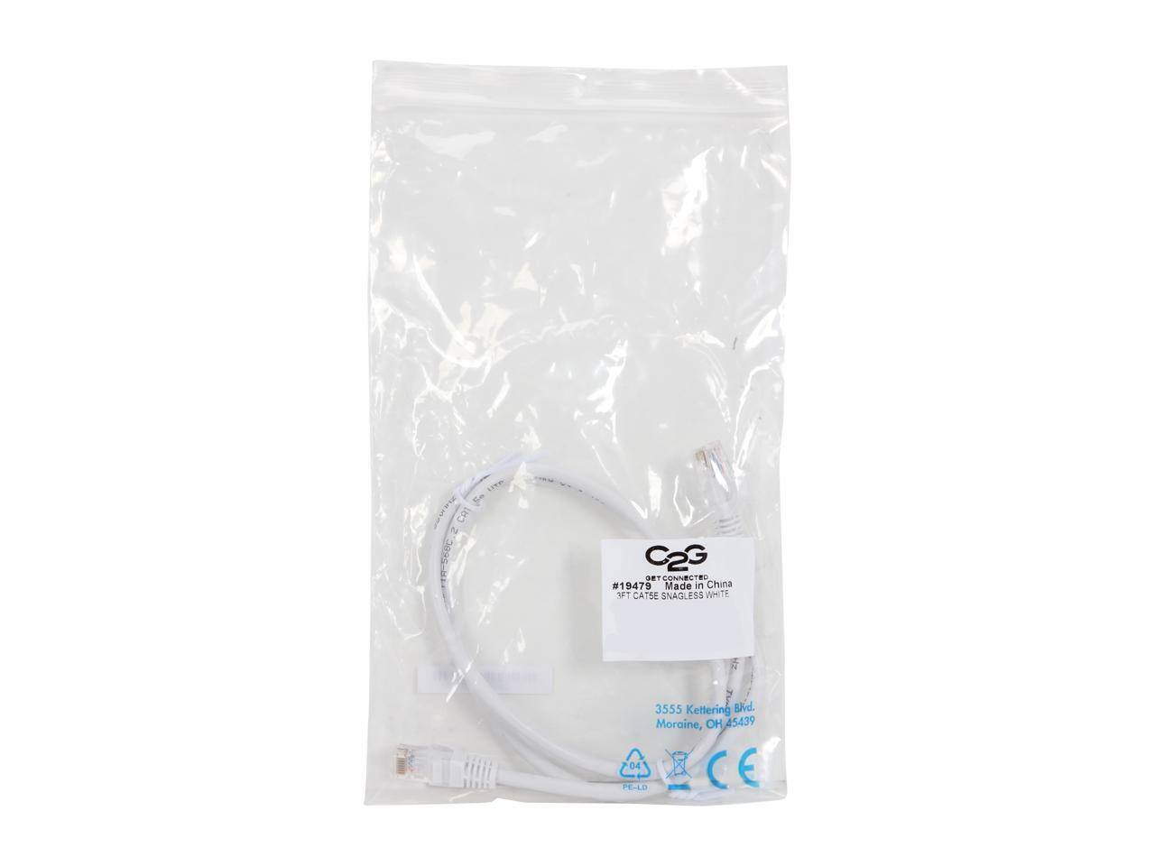 C2G  
GET CONNECTED  
#19475  
Made in China  
SFT CAT6E SNAGLESS WHITE  

3555 Kettering Blvd.  
Moraine, OH 45439  

CE  
PE-LD