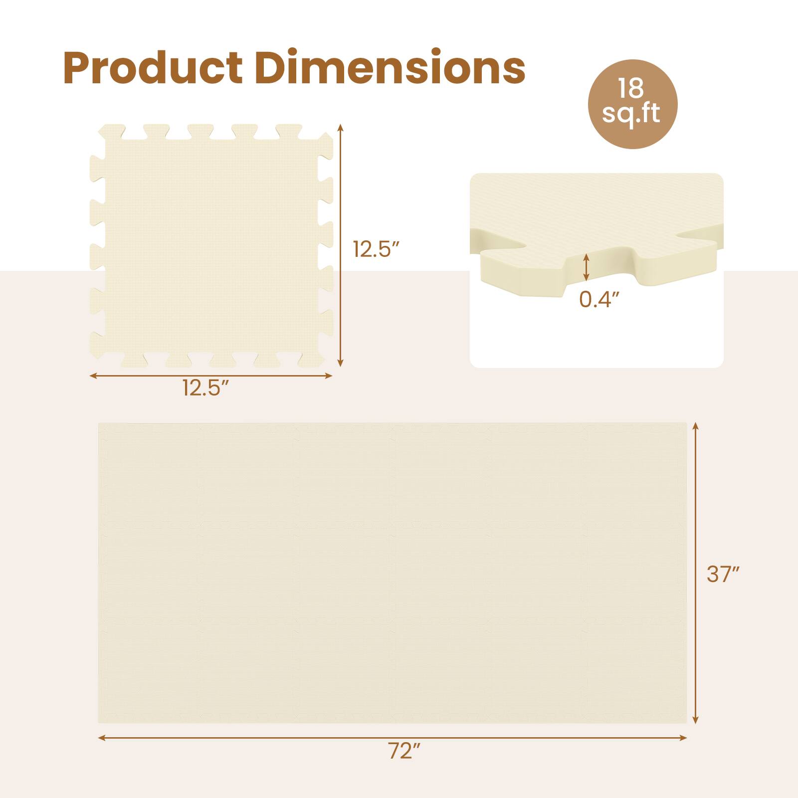 Product Dimensions: 18 sq.ft, 12.5" x 12.5", 0.4", 37" x 72"