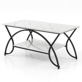 Pefilos - 2-Tier Faux Marble Coffee Table with Marble Top and Metal Frame-Black & Modern Coffee Table for Home Living Room - White