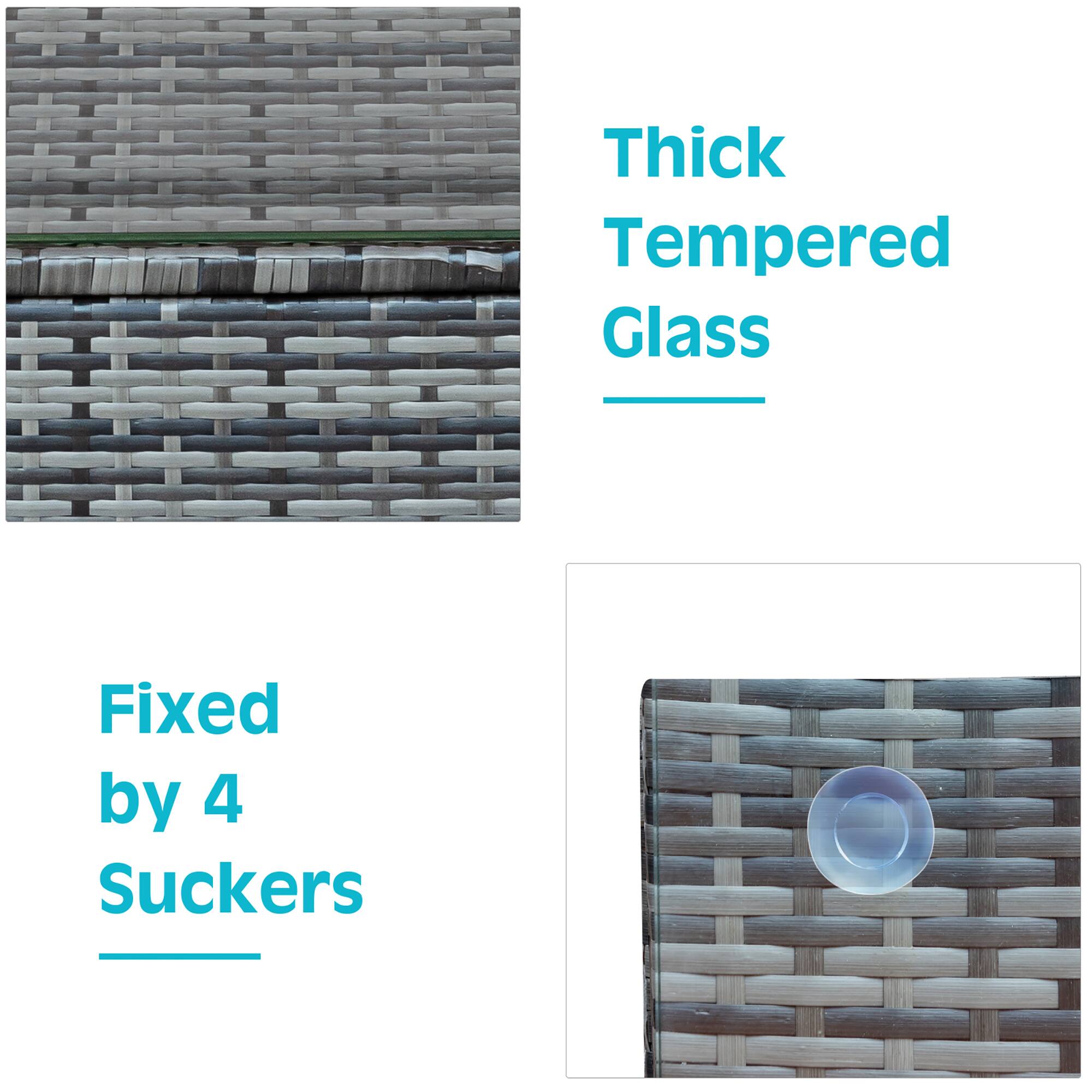 The text on the image is grouped as follows:

1. Thick Tempered Glass
2. Fixed by 4 Suckers
