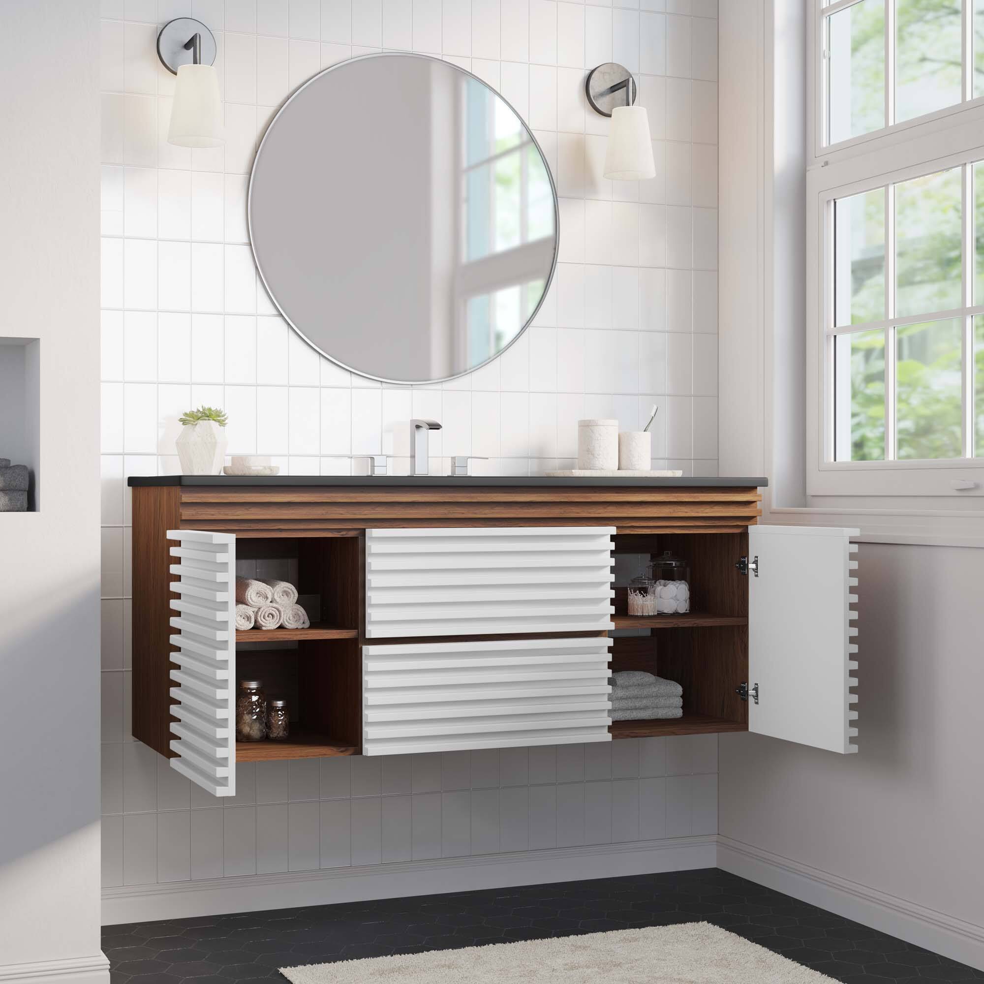 Back. Modway - Render 48" Wall-Mount Bathroom Vanity Basin Included by Modway - White Walnut Black.